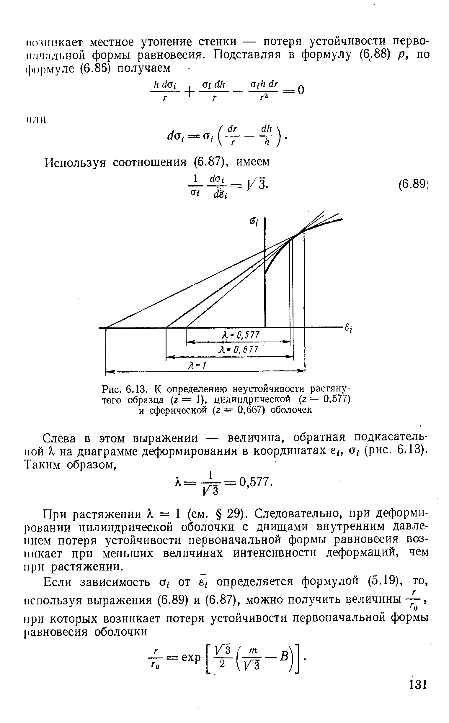 Рис. 6.13. К определению неустойчивости растянутого образца (г = 1), цилиндрической (г = 0,577) и сферической (г = 0,667) оболочек
