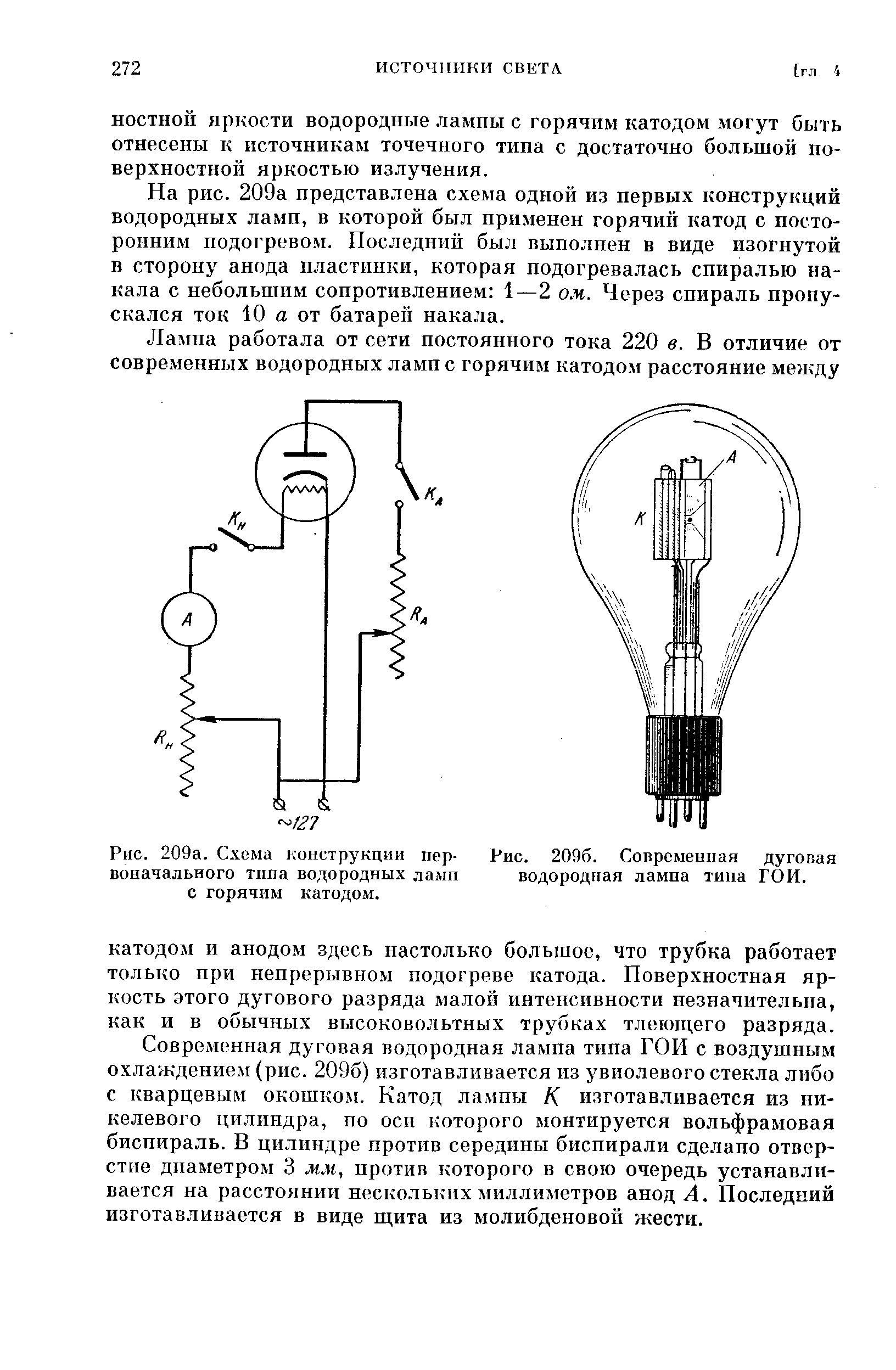 Рис. 209а. <a href="/info/72461">Схема конструкции</a> первоначального типа водородных ламп с горячим катодом.

