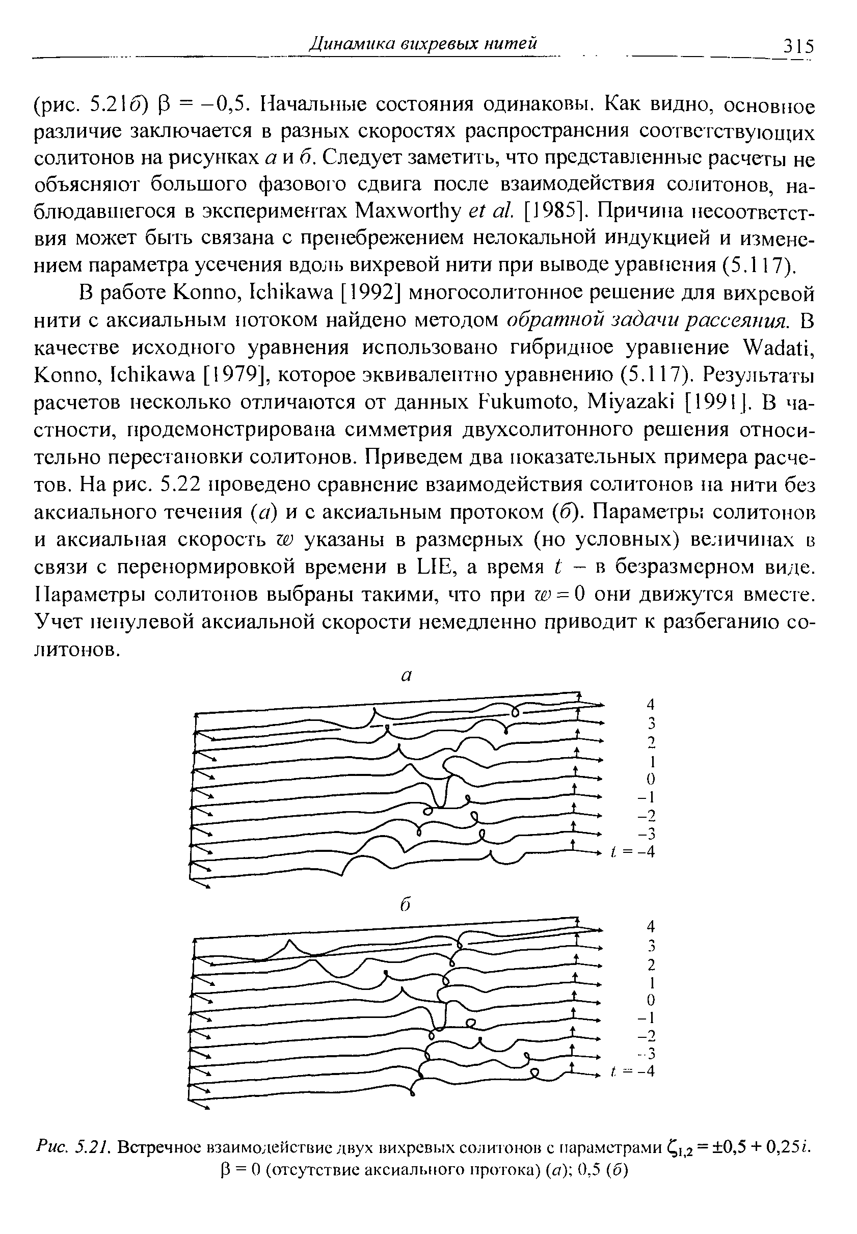 Рис. 5.21. Встречное взаимодействие двух вихревых солитонов с нара.метрами ( 2 = 0,5 + 0,25г. = О (отсутствие аксиального протока) (я) 0,5 (б)
