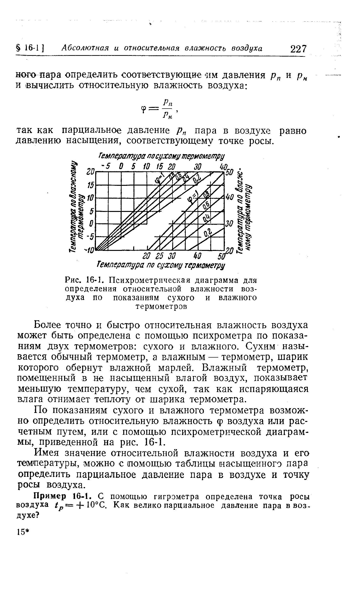 Рис. 16-1. Психрометрическая диаграмма для определения относительной влажности воздуха по показаниям сухого и влажного термометров

