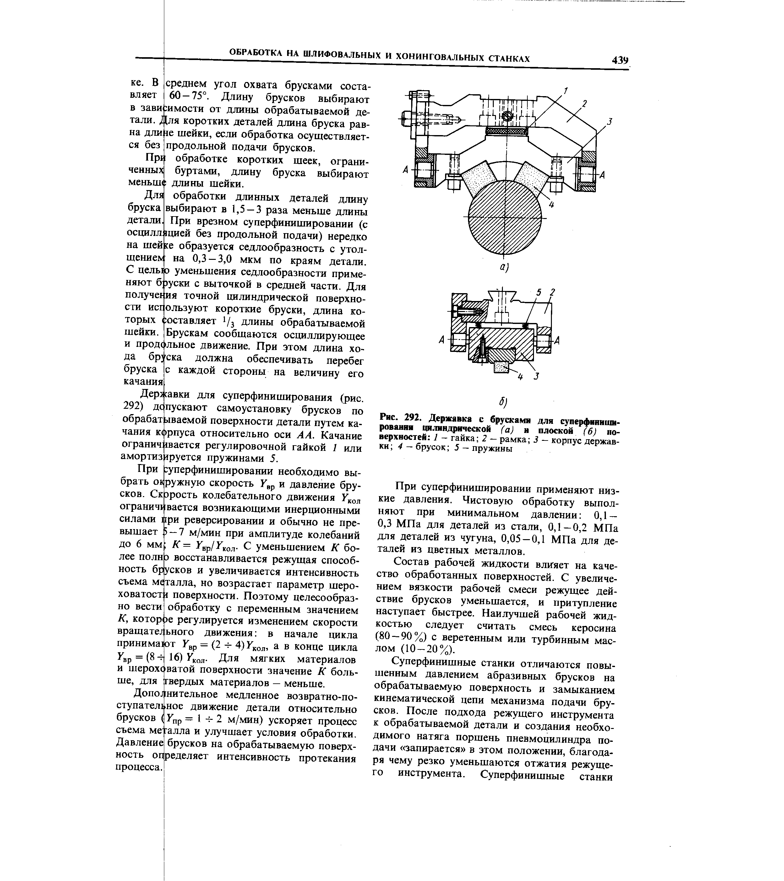 Рис. 292. Державка с брусками для суперфинишировании цилиндрической (а) и плоской (б) поверхностей 1 — гайка 2 — рамка 3 — <a href="/info/651902">корпус державки</a> — брусок 5 — пружины
