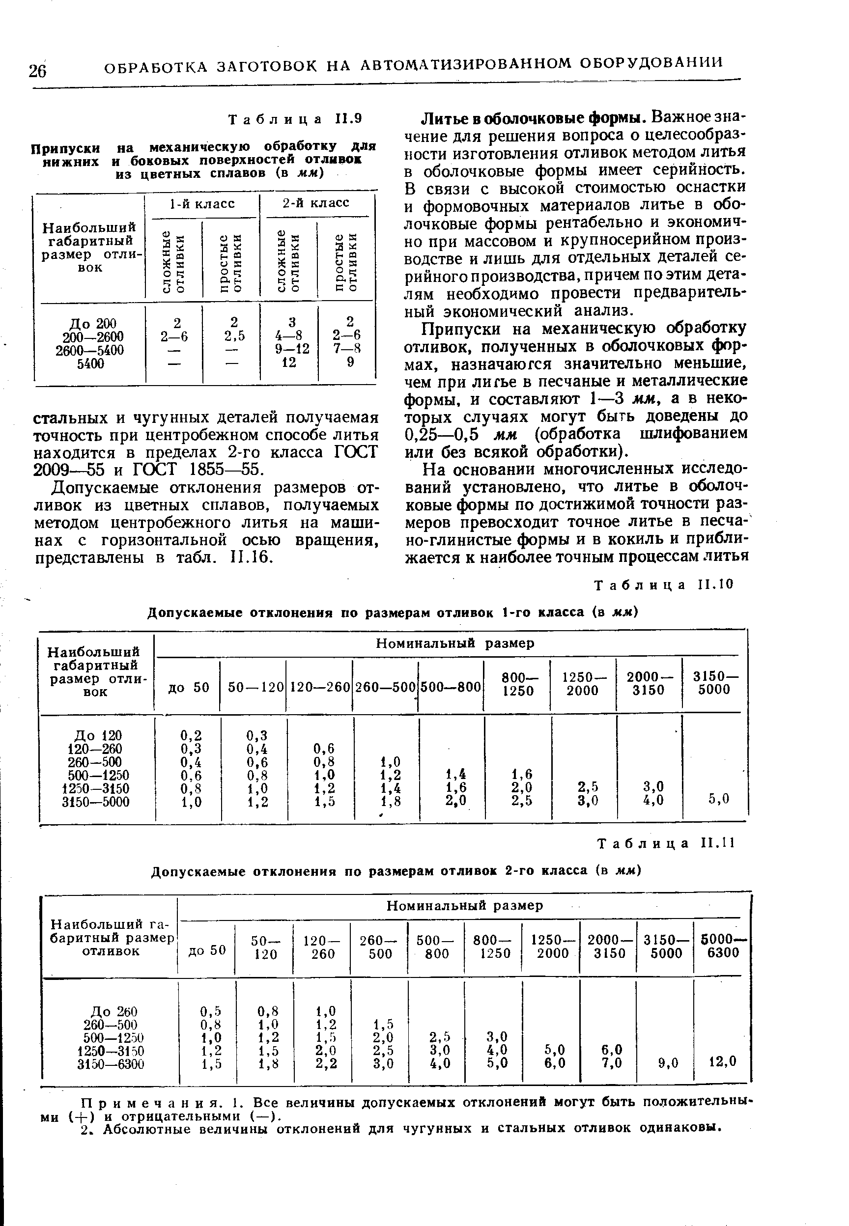 Таблица 11.11 Допускаемые отклонения по размерам отливок 2-го класса (в мм)

