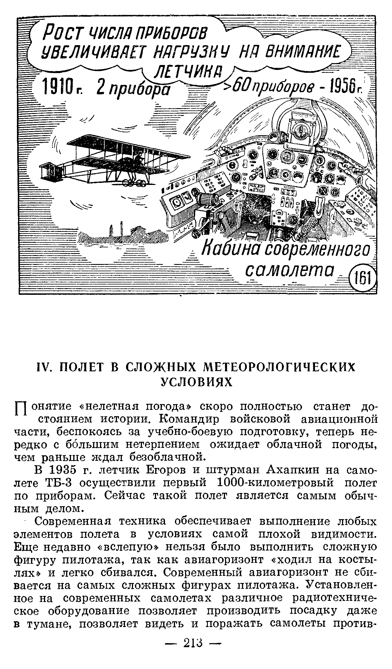 В 1935 г. летчик Егоров и штурман Ахапкин на самолете ТБ-3 осуш ествили первый 1000-километровый полет по приборам. Сейчас такой полет является самым обычным делом.
