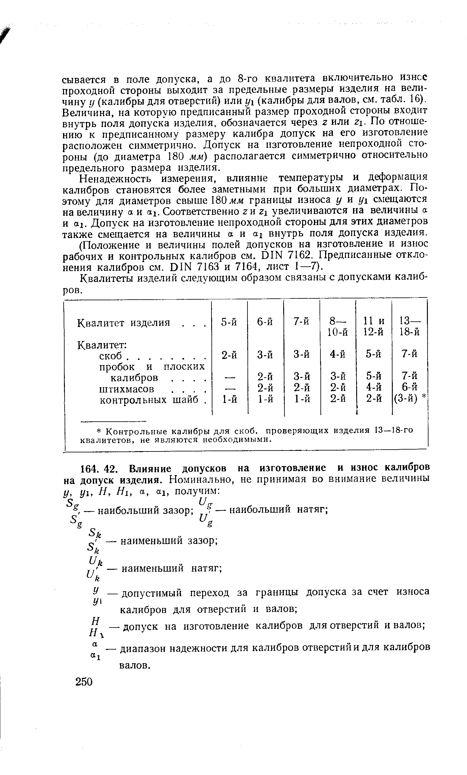 Ненадежность измерения, влияние температуры и деформация калибров становятся более заметными при больших диаметрах. Поэтому для диаметров свыше 180 жл границы износа г/ и i/i смещаются на величину а и i. Соответственно ги zi увеличиваются на величины а и oj. Допуск на изготовление непроходной стороны для этих диаметров также смещается на величины а и ах внутрь поля допуска изделия.
