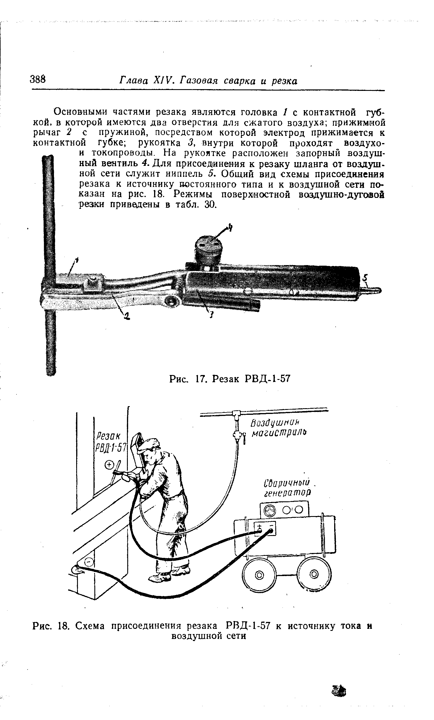 Рис. 18. Схема присоединения резака РВД-1-57 к источнику тока и
