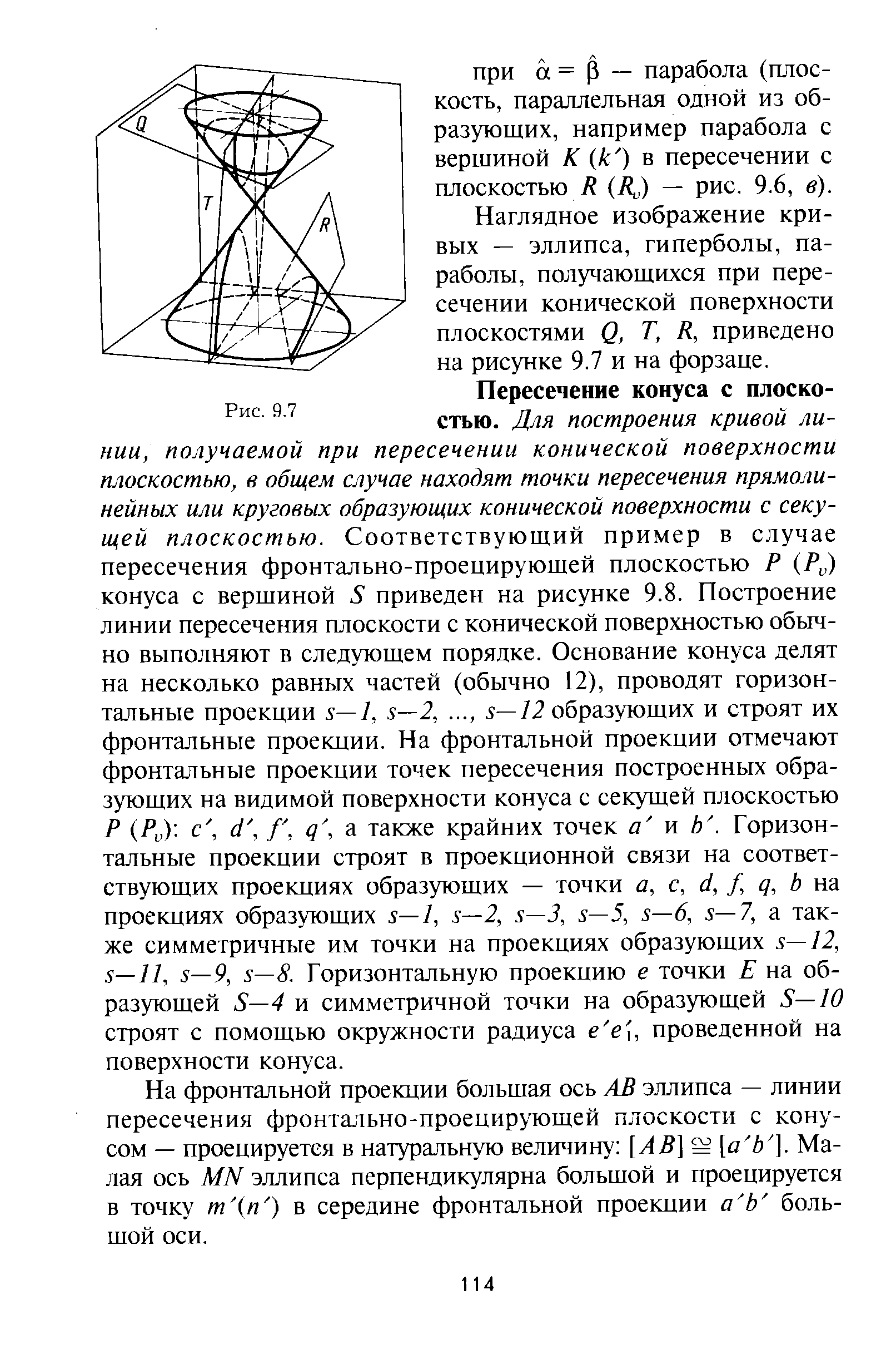 При а = р — парабола (плоскость, параллельная одной из образующих, например парабола е вершиной К к ) в пересечении с плоскостью / К ) — рис. 9.6, в).
