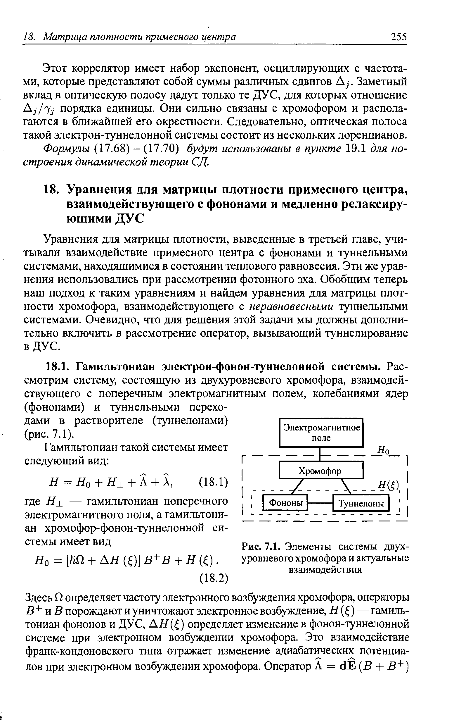 Этот коррелятор имеет набор экспонент, осциллирующих с частотами, которые представляют собой суммы различных сдвигов Дj. Заметный вклад в оптическую полосу дадут только те ДУС, для которых отношение порядка единицы. Они сильно связаны с хромофором и располагаются в ближайшей его окрестности. Следовательно, оптическая полоса такой электрон-туннелонной системы состоит из нескольких лоренцианов.
