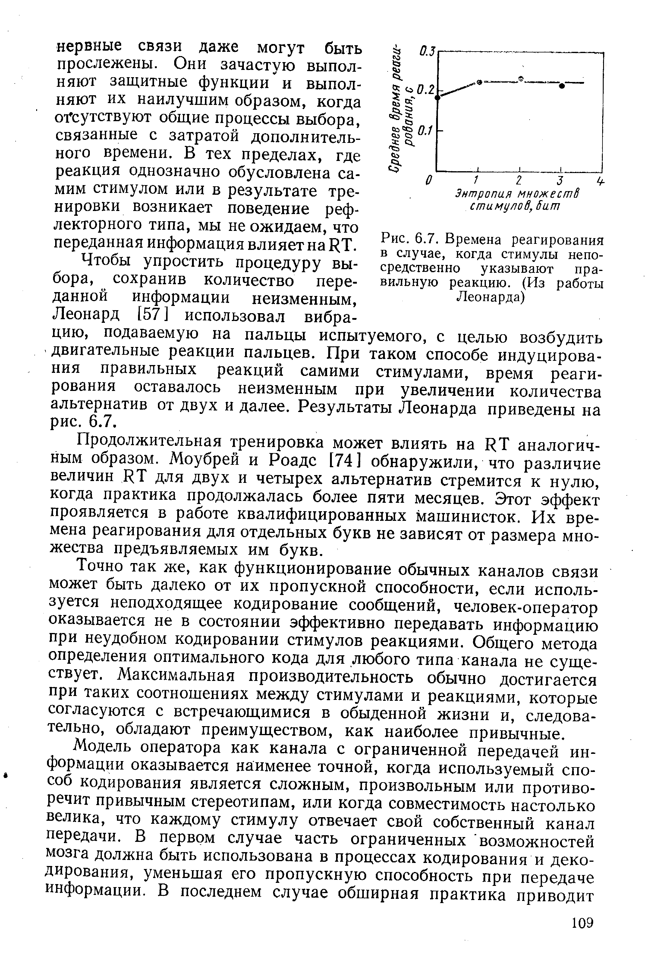 Рис. 6.7, Времена реагирования в случае, когда стимулы непосредственно указывают правильную реакцию. (Из работы Леонарда)
