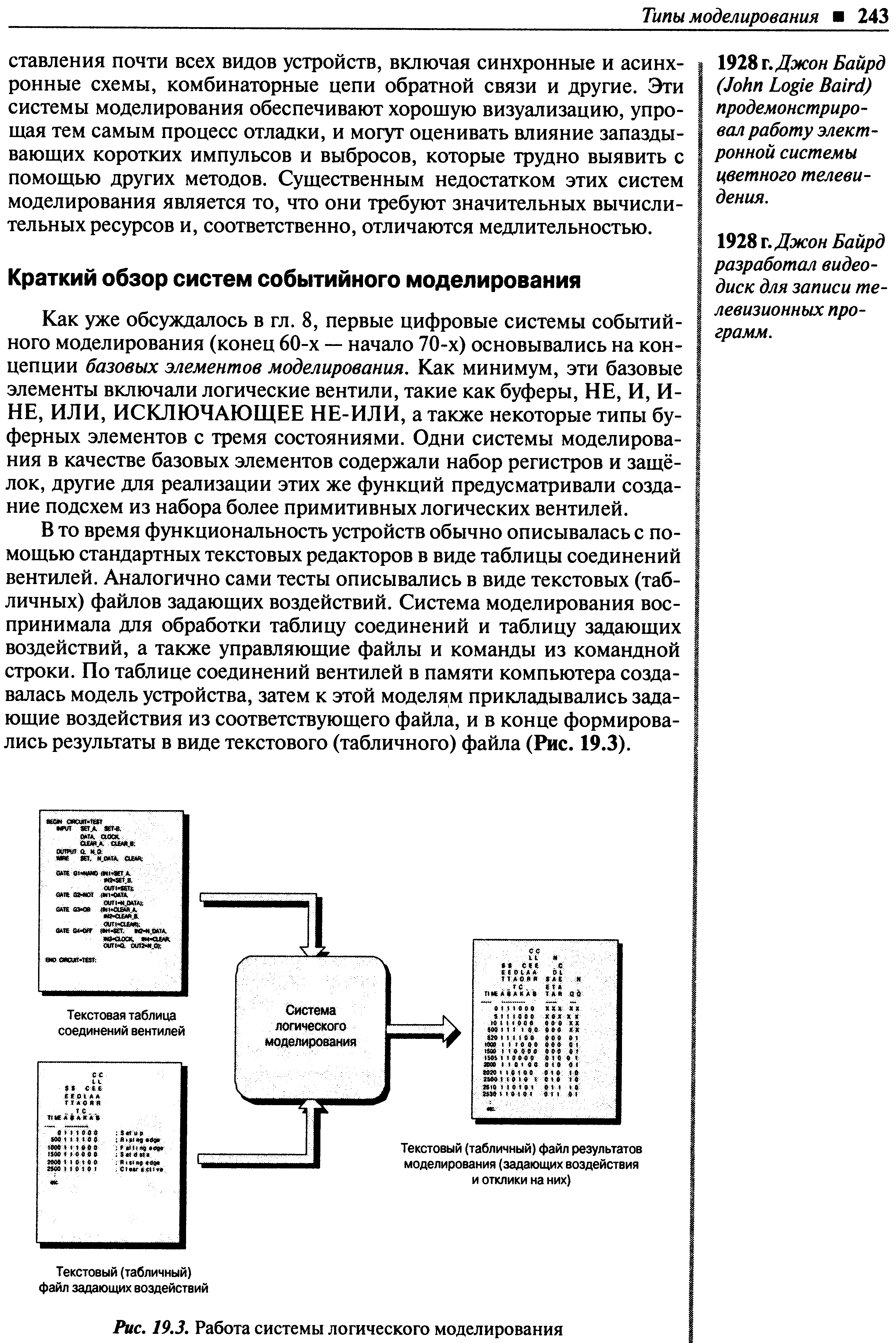 Как уже обсуждалось в гл. 8, первые цифровые системы событийного моделирования (конец 60-х — начало 70-х) основывались на концепции базовых элементов моделирования. Как минимум, эти базовые элементы включали логические вентили, такие как буферы, НЕ, И, И-НЕ, ИЛИ, ИСКЛЮЧАЮЩЕЕ НЕ-ИЛИ, а также некоторые типы буферных элементов с тремя состояниями. Одни системы моделирования в качестве базовых элементов содержали набор регистров и защёлок, другие для реализации этих же функций предусматривали создание подсхем из набора более примитивных логических вентилей.
