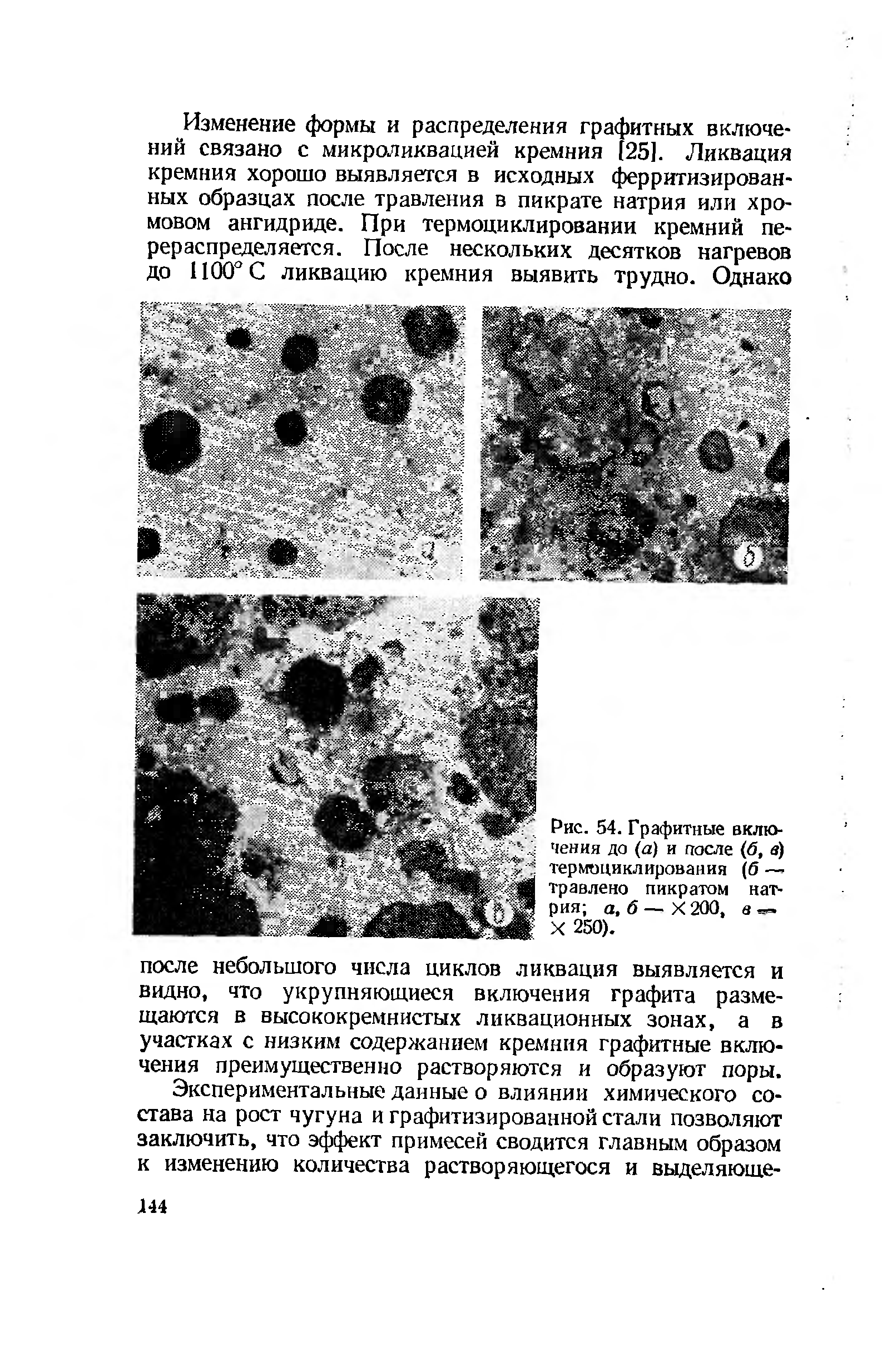 Рис. 54. <a href="/info/336518">Графитные включения</a> до (а) и после (б, в) термтзциклирования (б травлено пикратом натрия а, б — X 200, в => X 250).
