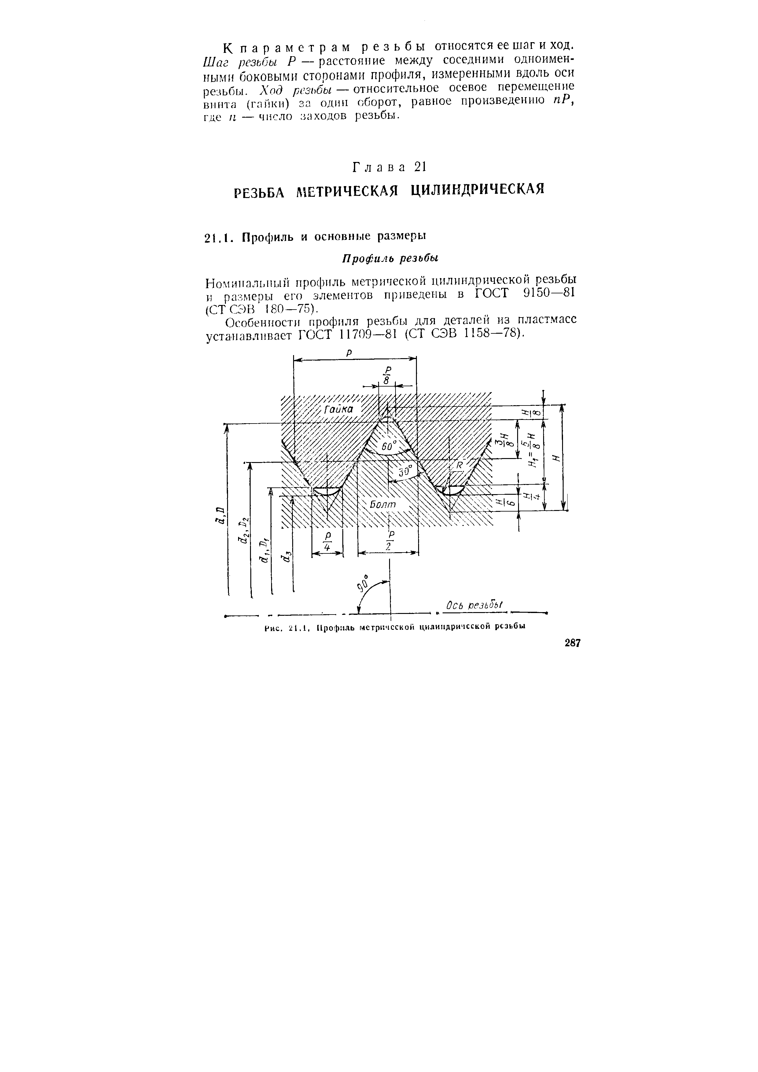 Номинальный проф1гль метрической цилиндрической резьбы и размеры его элементов приведены в ГОСТ 9150—81 (СТСЭВ 180—75).
