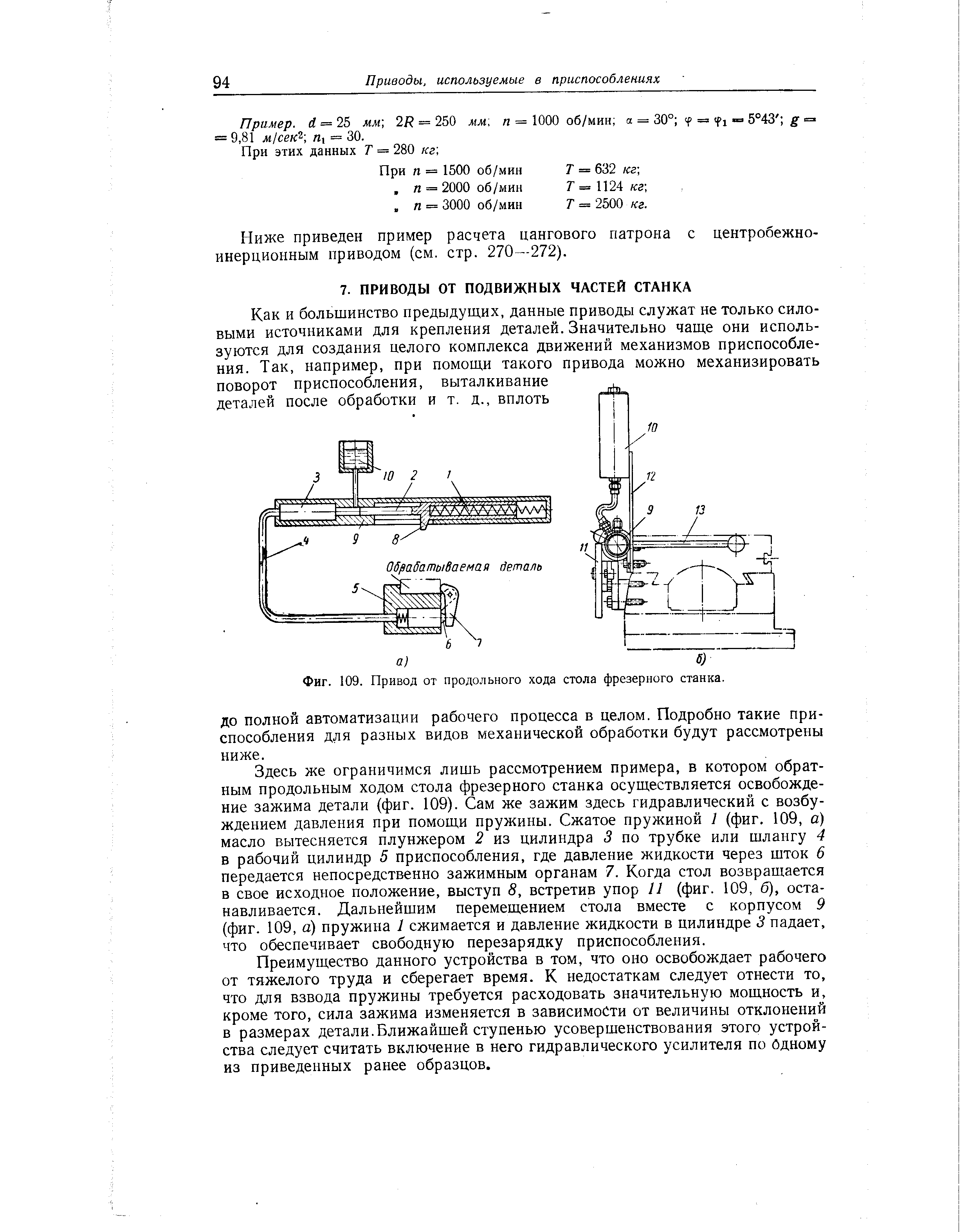 Здесь же ограничимся лишь рассмотрением примера, в котором обратным продольным ходом стола фрезерного станка осуществляется освобождение зажима детали (фиг. 109). Сам же зажим здесь гидравлический с возбуждением давления при помощи пружины. Сжатое пружиной 1 (фиг. 109, а) масло вытесняется плунжером 2 из цилиндра 3 по трубке или шлангу 4 в рабочий цилиндр 5 приспособления, где давление жидкости через шток 6 передается непосредственно зажимным органам 7. Когда стол возвращается в свое исходное положение, выступ 8, встретив упор 11 (фиг. 109, 6), останавливается. Дальнейшим перемещением стола вместе с корпусом 9 (фиг. 109, а) пружина 1 сжимается и давление жидкости в цилиндре 3 падает, что обеспечивает свободную перезарядку приспособления.
