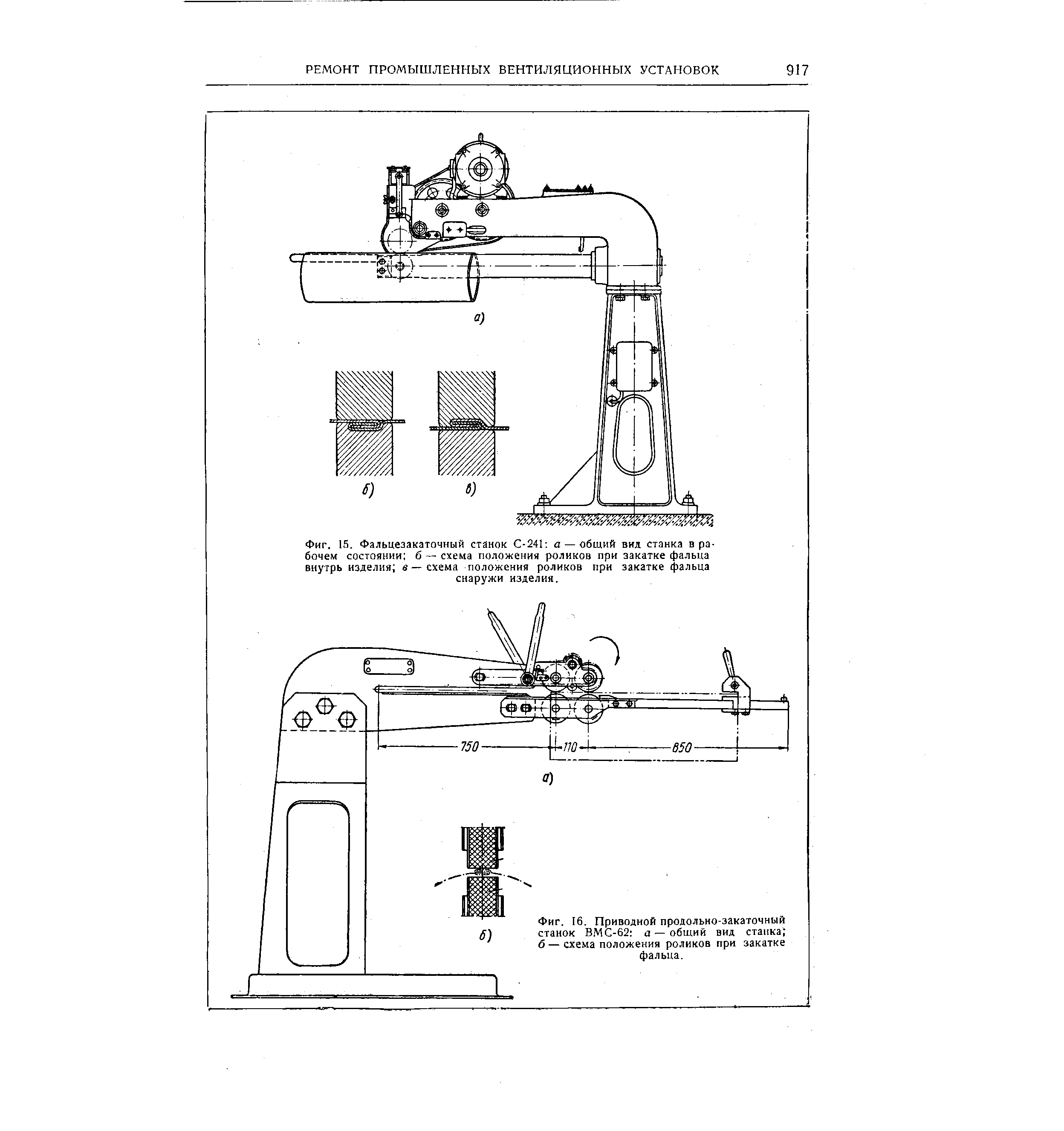Фиг. 15. Фальцезакаточный станок С-241 а — общий вид станка в рабочем состоянии б — схема положения роликов при закатке фальца внутрь изделия в—схема положения роликов при закатке фальца снаружи изделия.
