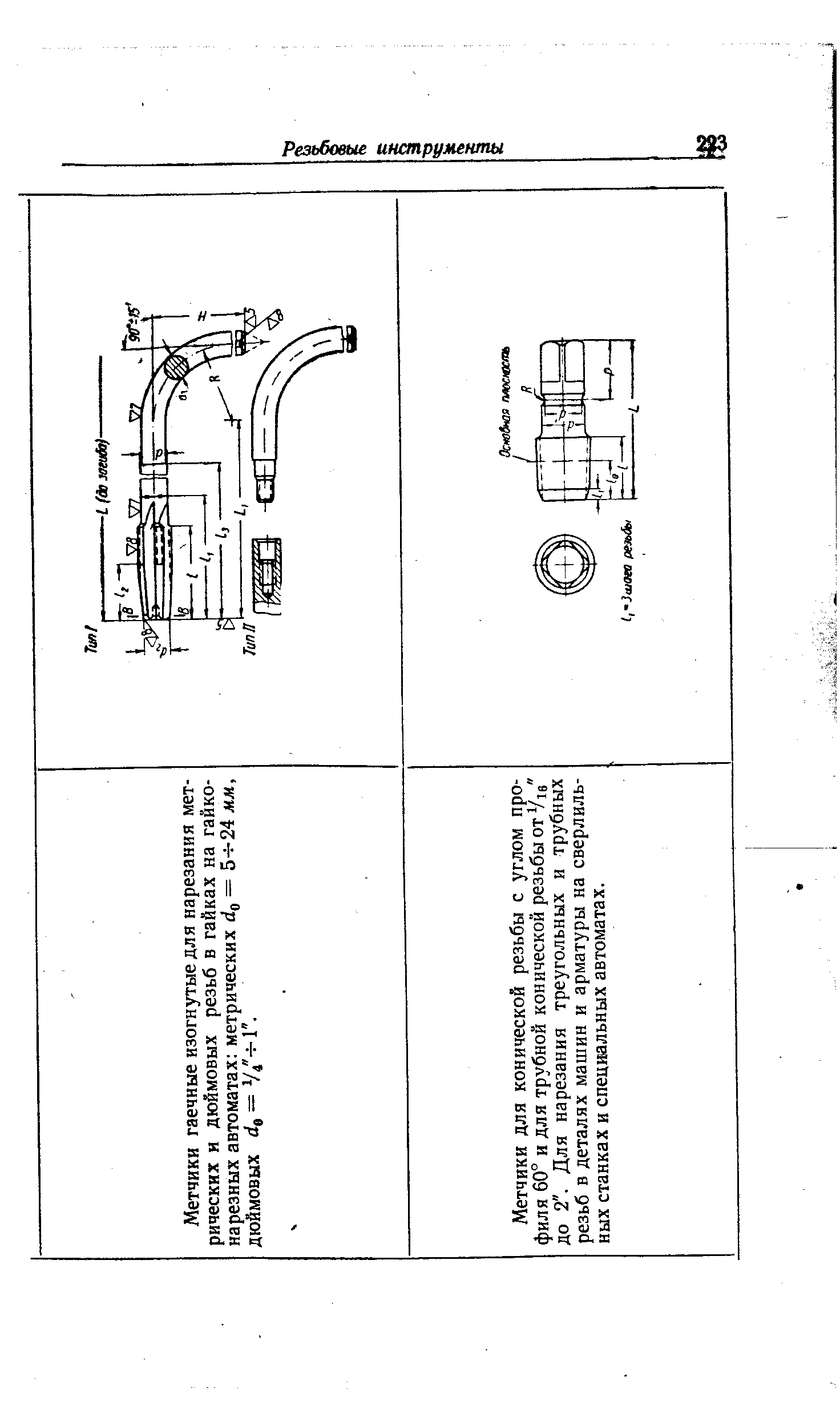 Метчики для конической резьбы с углом профиля 60° и для трубной конической резьбы от Vie до 2 . Для нарезания треугольных и трубных резьб в деталях машин и арматуры на сверлильных станках и специальных автоматах.
