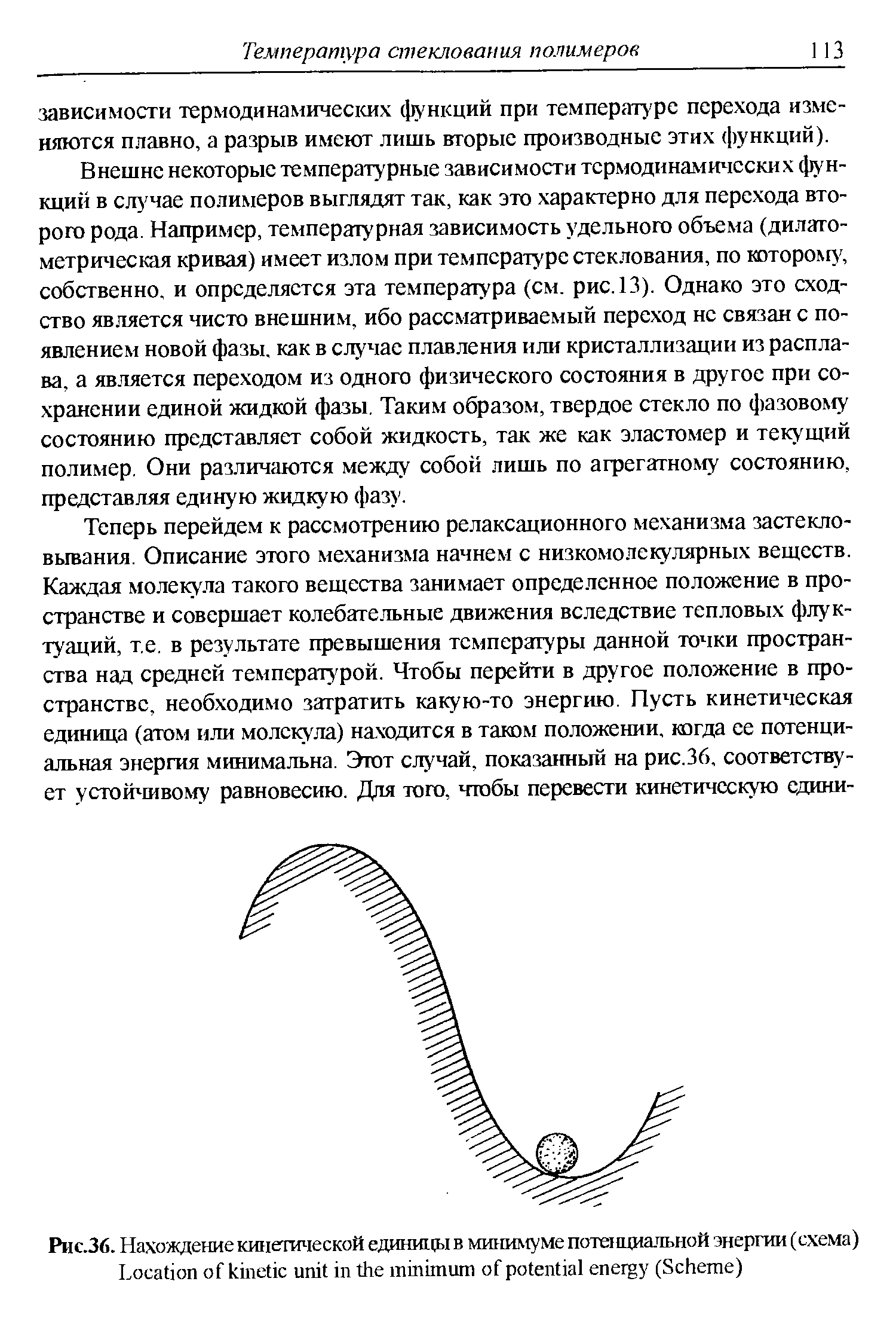 Внешне некоторые температурные зависимости термодинамичеси1Х функций в слу чае полимеров выглядят так, как это характерно для перехода второго рода. Например, температурная зависимость удельного объема (дилатометрическая кривая) имеет излом при телшературе стеклования, по которому, собственно, и определяется эта температура (см. рис. 13). Однако это сходство является чисто внешним, ибо рассматриваемый переход не связан с появлением новой фазы, как в случае плавления или кристаллизации из расплава, а является переходом из одного физического состояния в другое при сохранении единой жидкой фазы. Таким образом, твердое стекло по фазовому состоянию представляет собой жидкость, так же как эластомер и текущий полимер. Они различаются между собой лишь по афегатному состоянию, представляя единую жидкую фазу.
