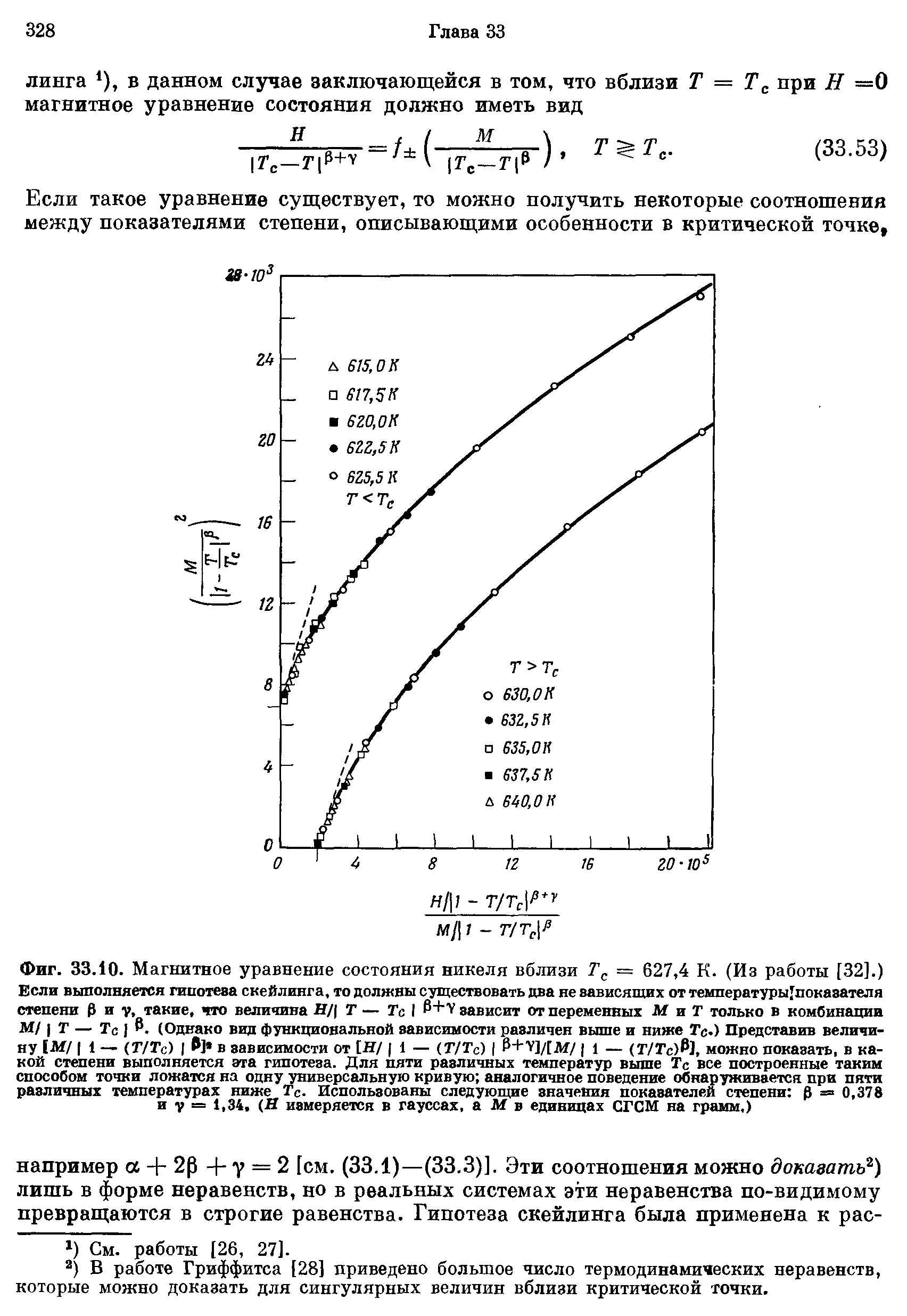 Фиг. 33.10. <a href="/info/18409">Магнитное уравнение состояния</a> никеля вблизи = 627,4 К. (Из работы [32].) Если выполняется гипотева скейлинга, то должны существовать два не вависящих от температуры показателя степени Р и такие, что величива Н/( Г — Гс I Р+ зависит от переменных МиГ только в комбинации М/ I Г — Тс I Р. (Однако вид функциональной зависимости различен выше и ниже Тс.) Представив величину М/ I 1 — (Г/Тс) I ] в зависимости от [Н/ 1 — (Г/Гс) Р+ У]/[ДГ/ 1 — (Г/Тс)Р), можно показать, в какой степени выполняется эта гипотеза. Для пяти различных температур выше Тс все построенные таким способом точки ложатся на одну универсальную кривую аналогичное поведение обнаруживается при пяти различных <a href="/info/586215">температурах ниже</a> Гс. Использованы следующие значения показателей степени р = 0,378 и V = 1,34, (Я измеряется в гауссах, а М в единицах СГСМ на грамм.)
