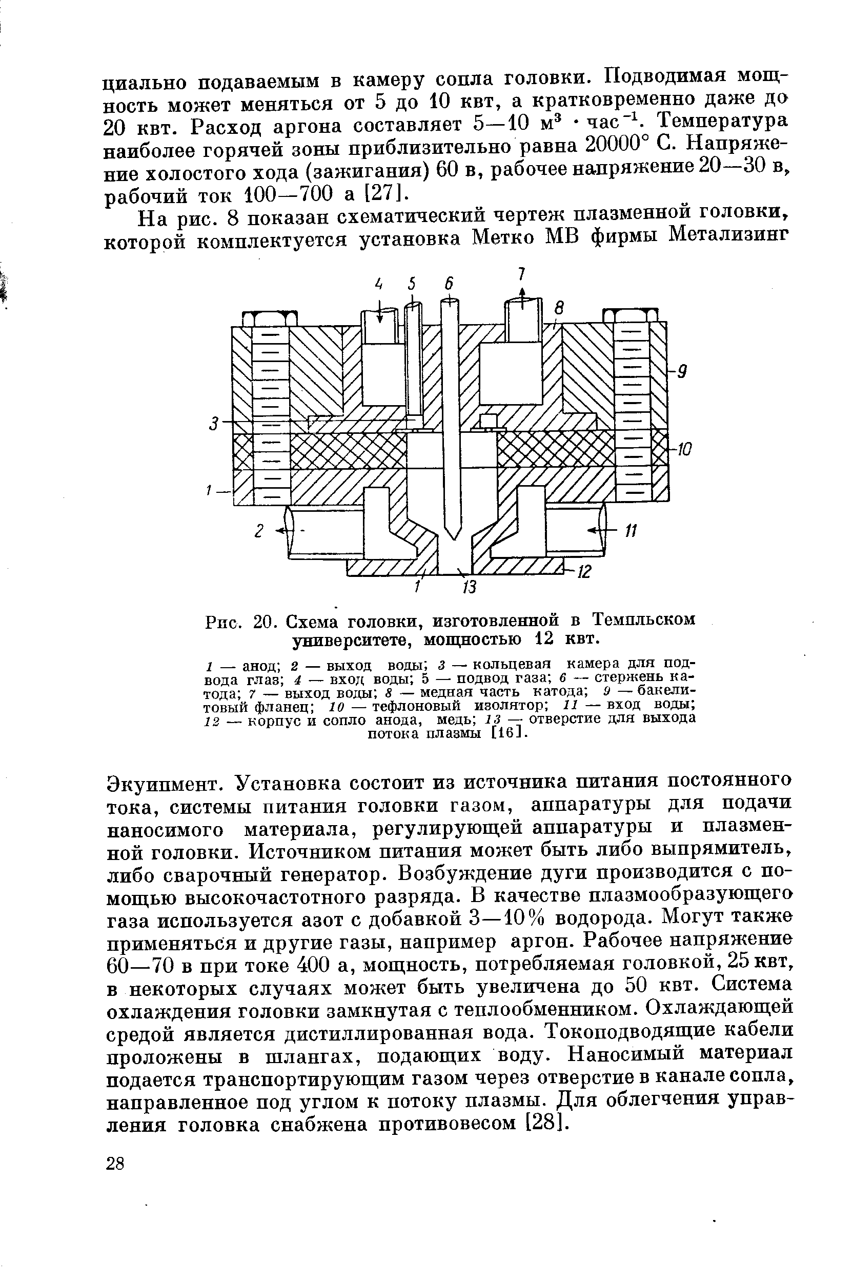 Экуипмент. Установка состоит из источника питания постоянного тока, системы питания головки газом, аппаратуры для подачи наносимого материала, регулирующей аппаратуры и плазменной головки. Источником питания может быть либо выпрямитель, либо сварочный генератор. Возбуждение дуги производится с помощью высокочастотного разряда. В качестве ппазмообразующего газа используется азот с добавкой 3—10% водорода. Могут также применяться и другие газы, например аргон. Рабочее напряжение 60—70 в при токе 400 а, мощность, потребляемая головкой, 25 квт, в некоторых случаях может быть увеличена до 50 квт. Система охлаждения головки замкнутая с теплообменником. Охлаждающей средой является дистиллированная вода. Токоподводящие кабели проложены в шлангах, подающих воду. Наносимый материал подается транспортирующим газом через отверстие в канале сопла, направленное под углом к потоку плазмы. Для облегчения управления головка снабжена противовесом [28].
