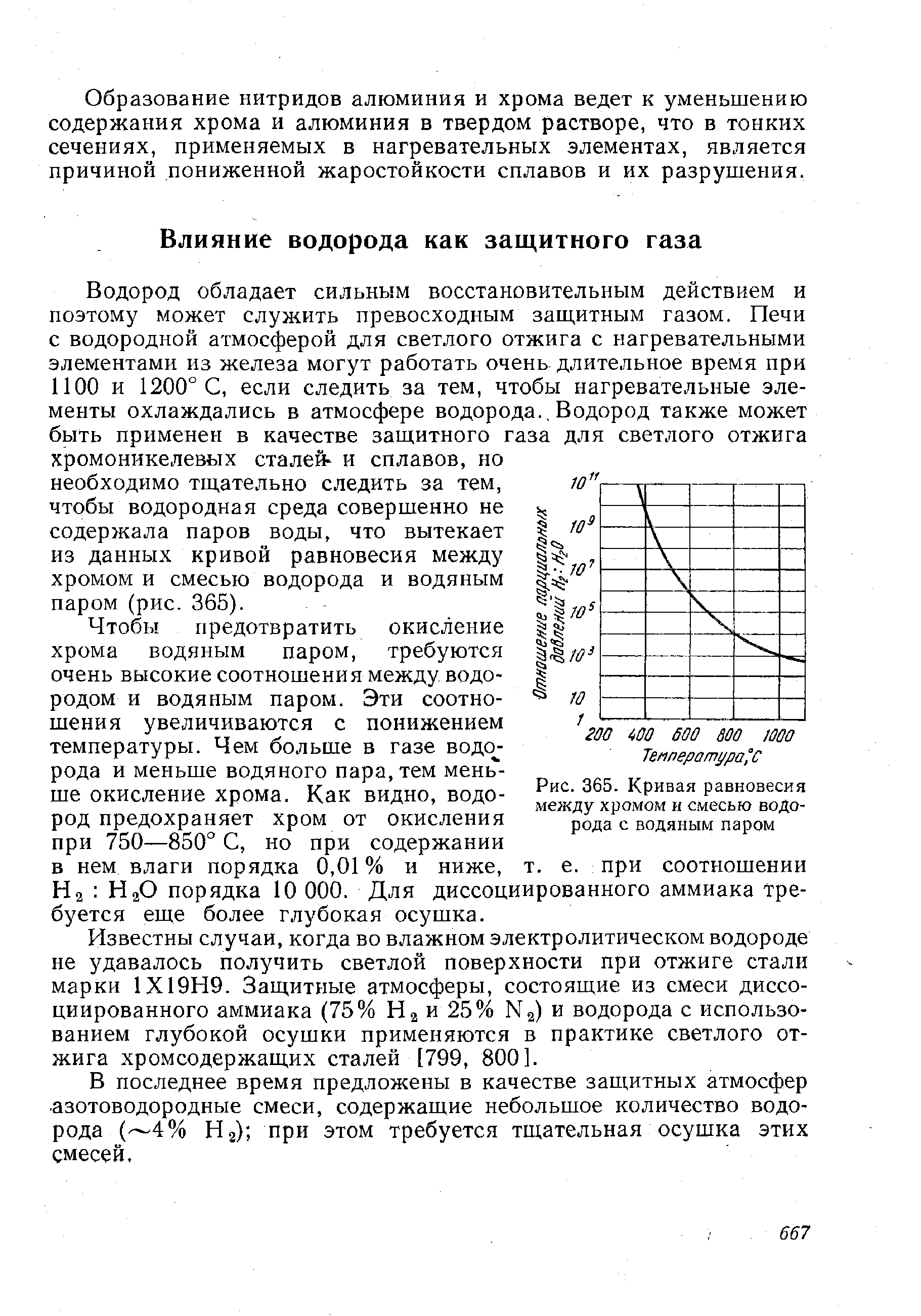 Водород обладает сильным восстановительным действием и поэтому может служить превосходным заш,итным газом. Печи с водородной атмосферой для светлого отжига с нагревательными элементами из железа могут работать очень длительное время при 1100 и 1200° С, если следить за тем, чтобы нагревательные элементы охлаждались в атмосфере водорода.. Водород также может быть применен в качестве защитного газа для светлого отжига хромоникелевых сталей- и сплавов, но необходимо тщательно следить за тем, чтобы водородная среда совершенно не содержала паров воды, что вытекает из данных кривой равновесия между хромом и смесью водорода и водяным паром (рис. 365).
