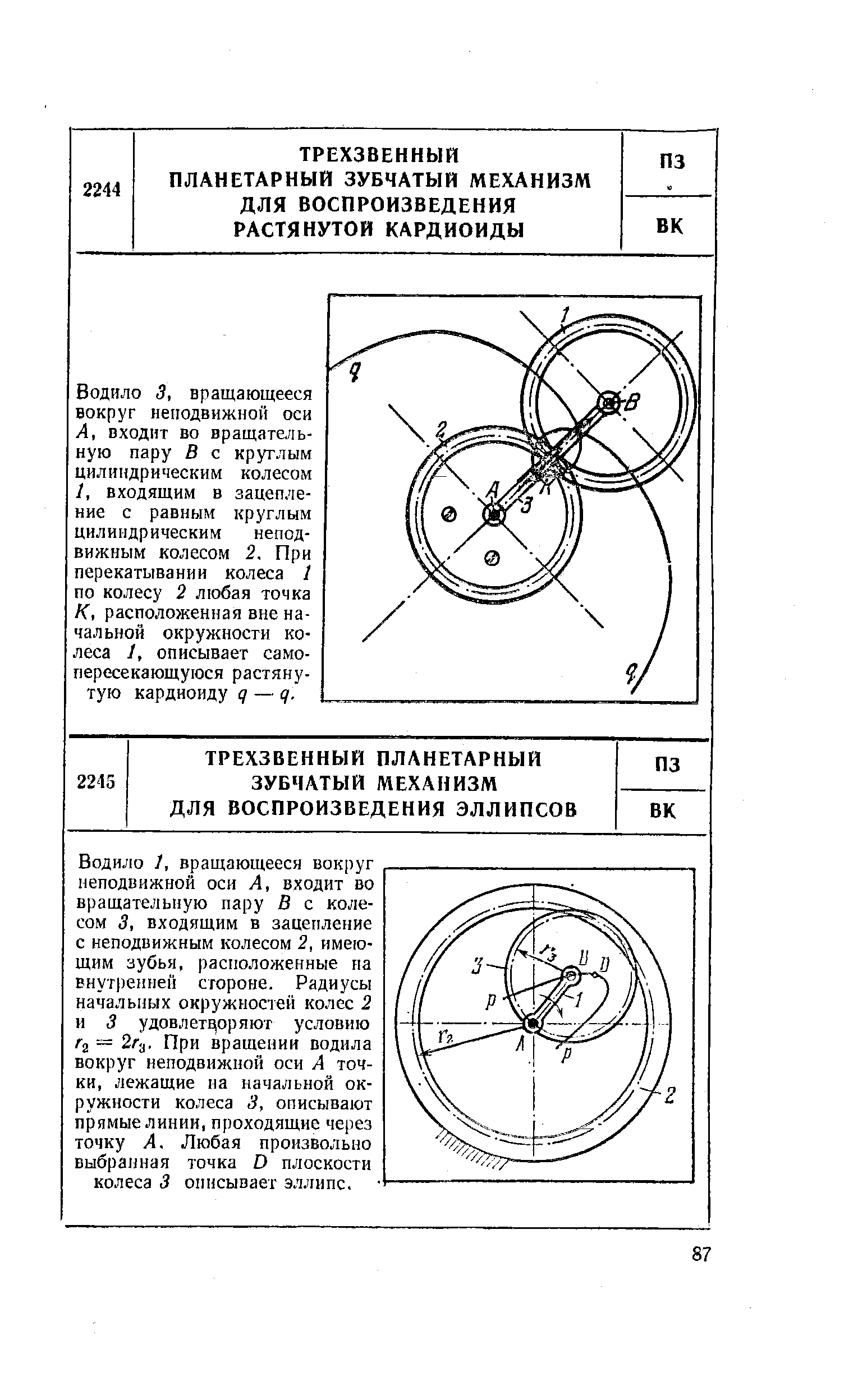 Водило 3, вращающееся вокруг неподвижной оси А, входит во вращательную пару В с круглым цилиндрическим колесом 1, входящим в зацепление с равным круглым цилиндрическим неподвижным колесом 2. При перекатывании колеса 1 по колесу 2 любая точка К, расположенная вне начальной окружности колеса 1, описывает само-пересекающуюся растянутую кардиоиду q — q.
