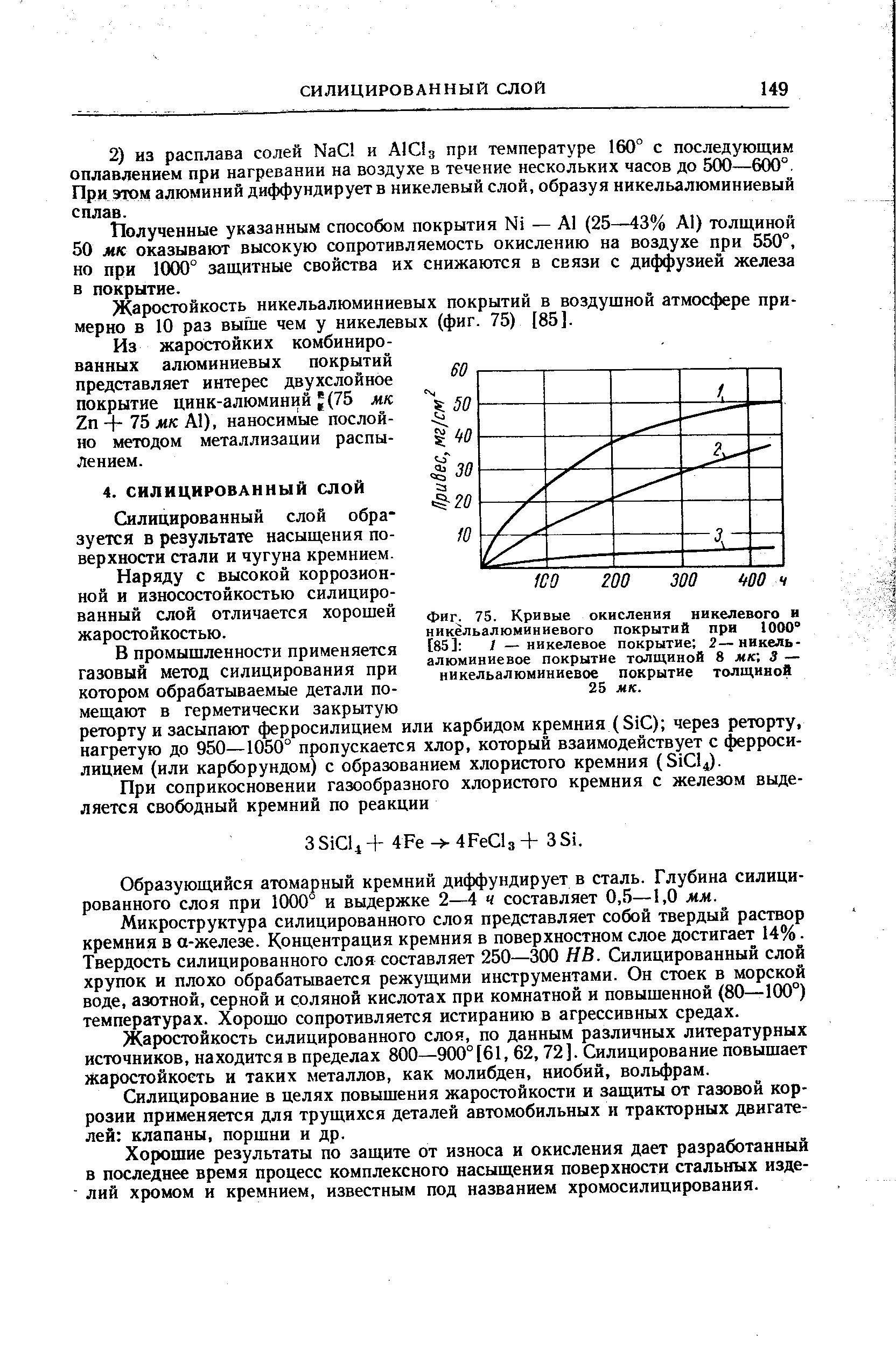 ТТолученные указанным способом покрытия N1 — Л1 (25—43% А1) толщиной 50 мк оказывают высокую сопротивляемость окислению на воздухе при 550°, но при 1000° защитные свойства их снижаются в связи с диффузией железа в покрытие.
