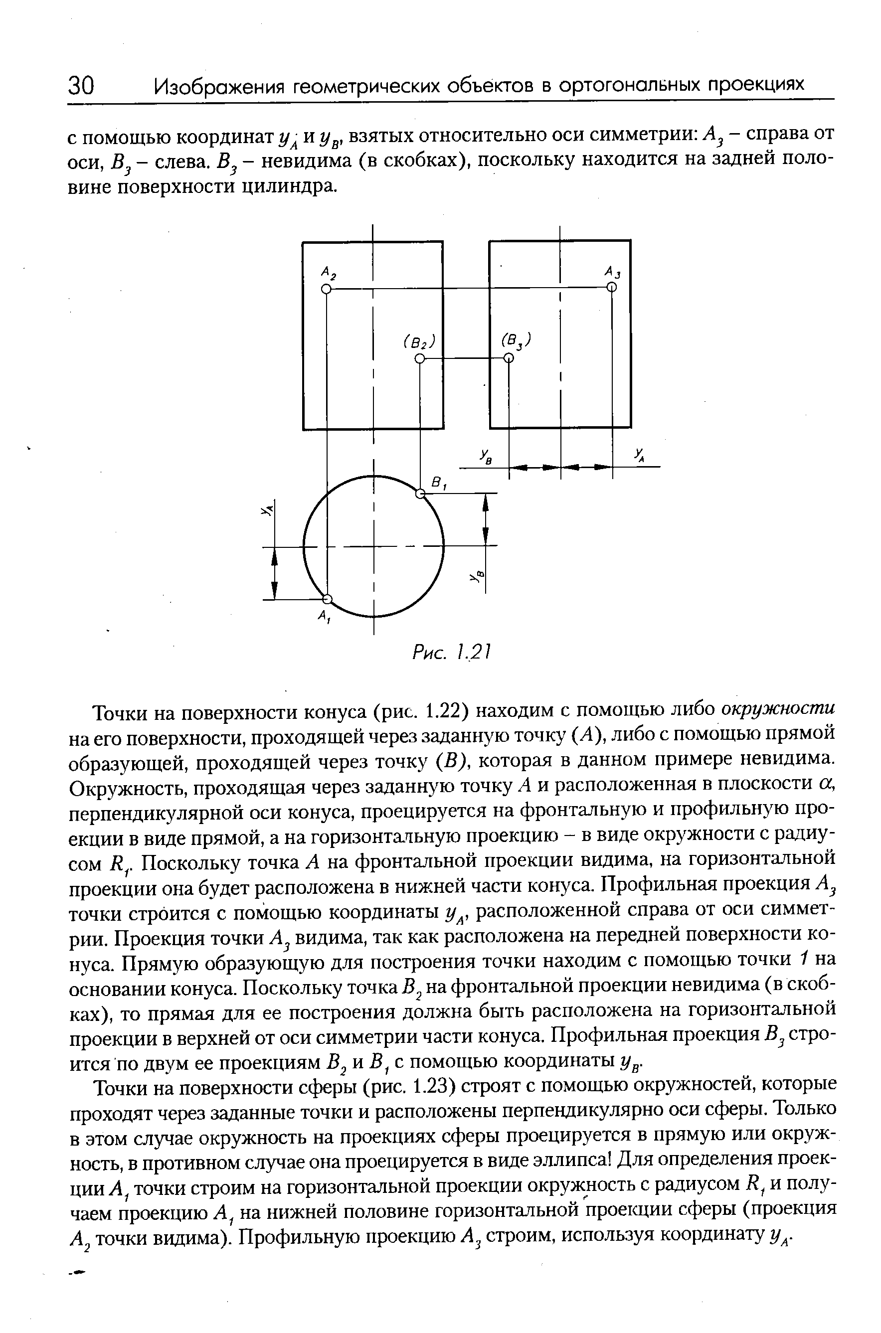 Точки на поверхности конуса (рис. 1.22) находим с помощью либо окружности на его поверхности, проходящей через заданную точку А), либо с помощью прямой образующей, проходящей через точк) В), которая в данном примере невидима. Окружность, проходящая через заданную точку А и расположенная в плоскости а, перпендикулярной оси конуса, проецируется на фронтальную и профильную проекции в виде прямой, а на горизонтаяьную проекцию - в виде окружности с радиусом R . Поскольку точка А на фронтальной проекции видима, на горизонтальной проекции она будет расположена в нижней части конуса. Профильная проекция А точки строится с помощью координаты у , расположенной справа от оси симметрии. Проекция точки А видима, так как расположена на передней поверхности конуса. Прямую образующую для построения точки находим с помощью точки 1 на основании конуса. Поскольку точка на фронтальной проекции невидима (в скобках), то прямая для ее построения должна быть расположена на горизонтальной проекции в верхней от оси симметрии части конуса. Профильная проекция В строится по двум ее проекциям В иВ с помощью координаты у .
