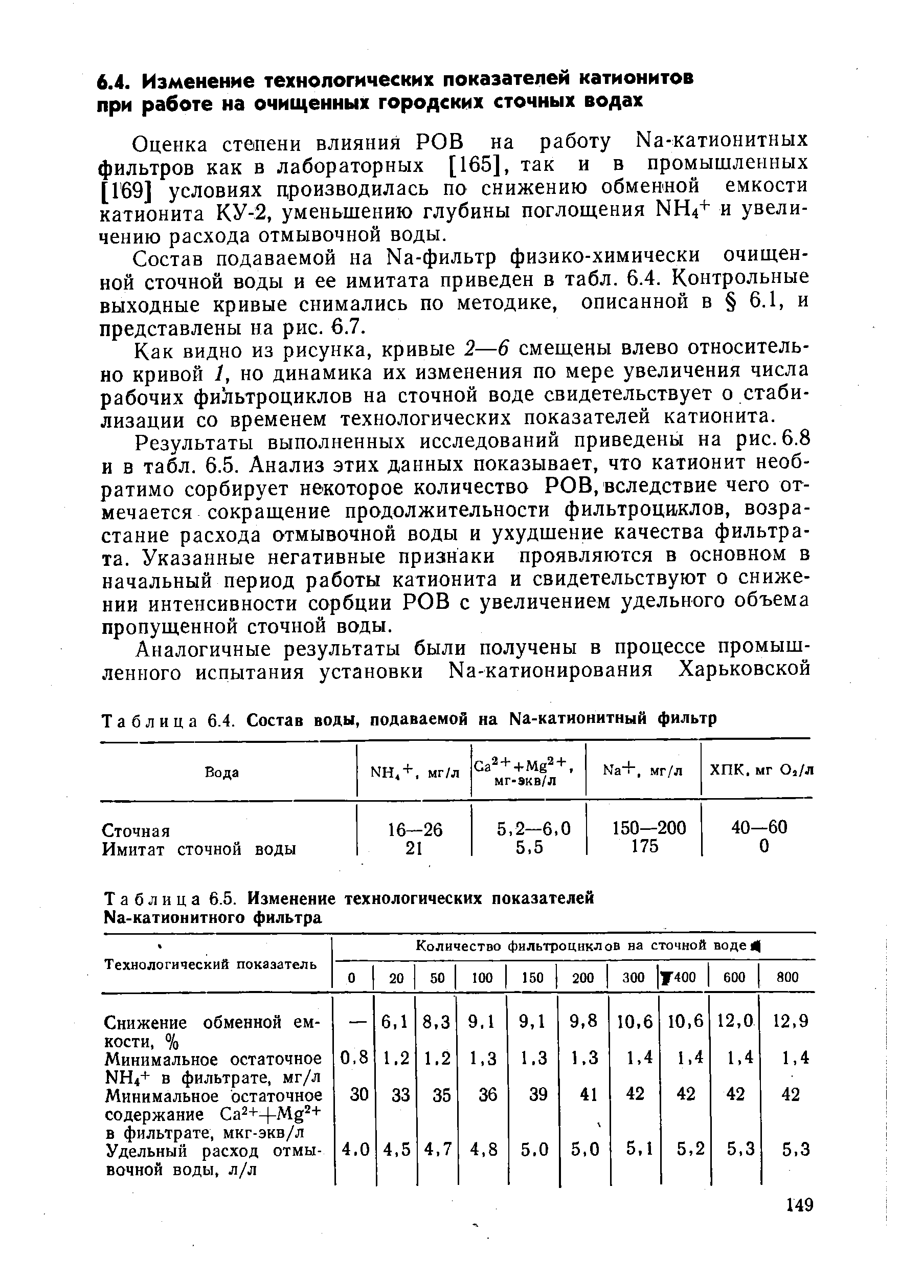 Таблица 6.5. Изменение технологических показателей Na-KaTHOHHTHoro фильтра
