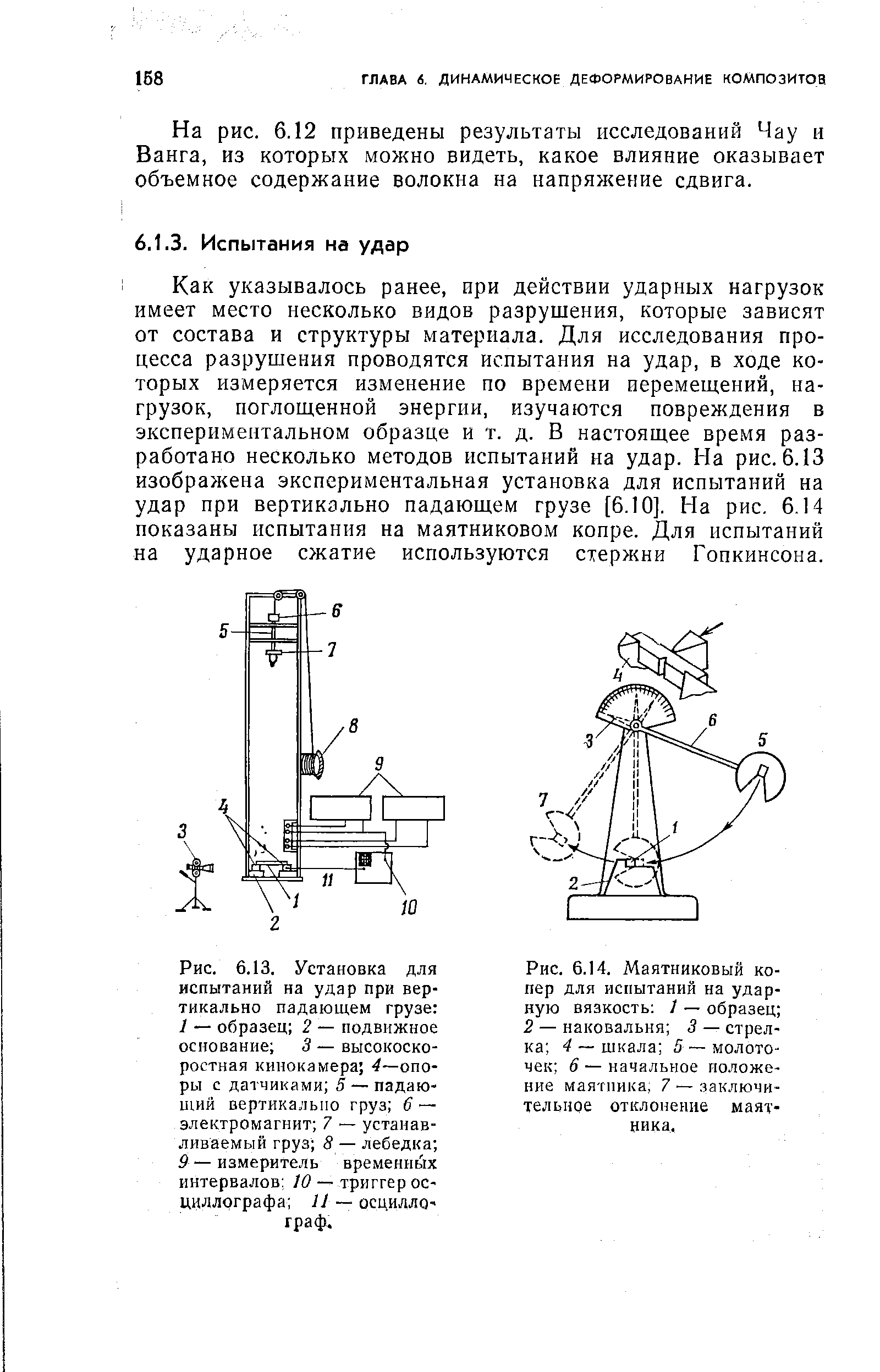 Как указывалось ранее, ири действии ударных нагрузок имеет место несколько видов разрушения, которые зависят от состава и структуры материала. Для исследования процесса разрушения проводятся испытания на удар, в ходе которых измеряется изменение по времени перемещений, нагрузок, поглощенной энергии, изучаются повреждения в экспериментальном образце и т. д. В настоящее время разработано несколько методов испытаний на удар. На рис. 6.13 изображена экспериментальная установка для испытаний на удар при вертикально падающем грузе [6.10]. На рис, 6.14 показаны испытания на маятниковом копре. Для испытаний на ударное сжатие используются стержни Гопкинсона.

