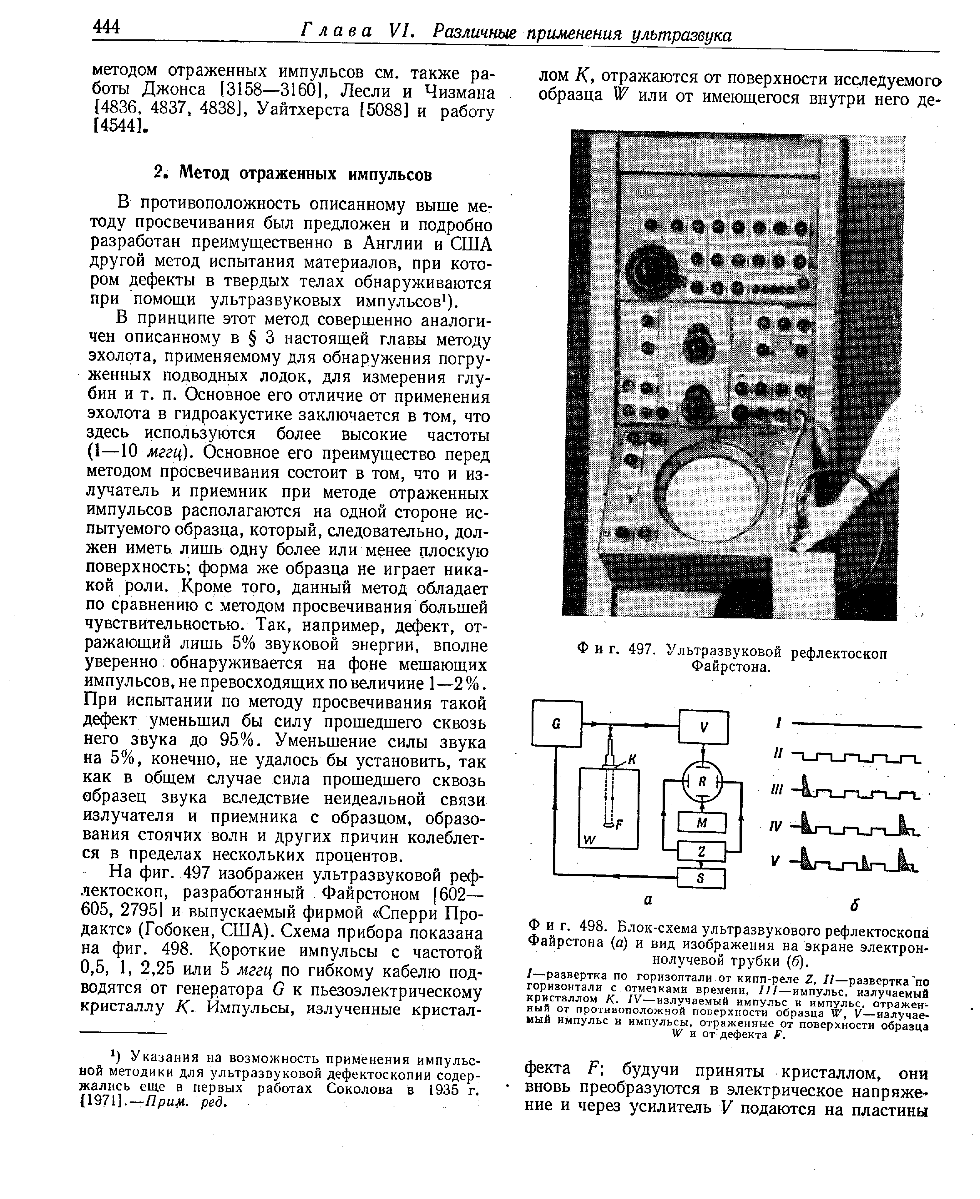 Фиг. 498. Блок-схема ультразвукового рефлектоскопа Файрстона (а) и вид изображения на экране электроннолучевой трубки (б).
