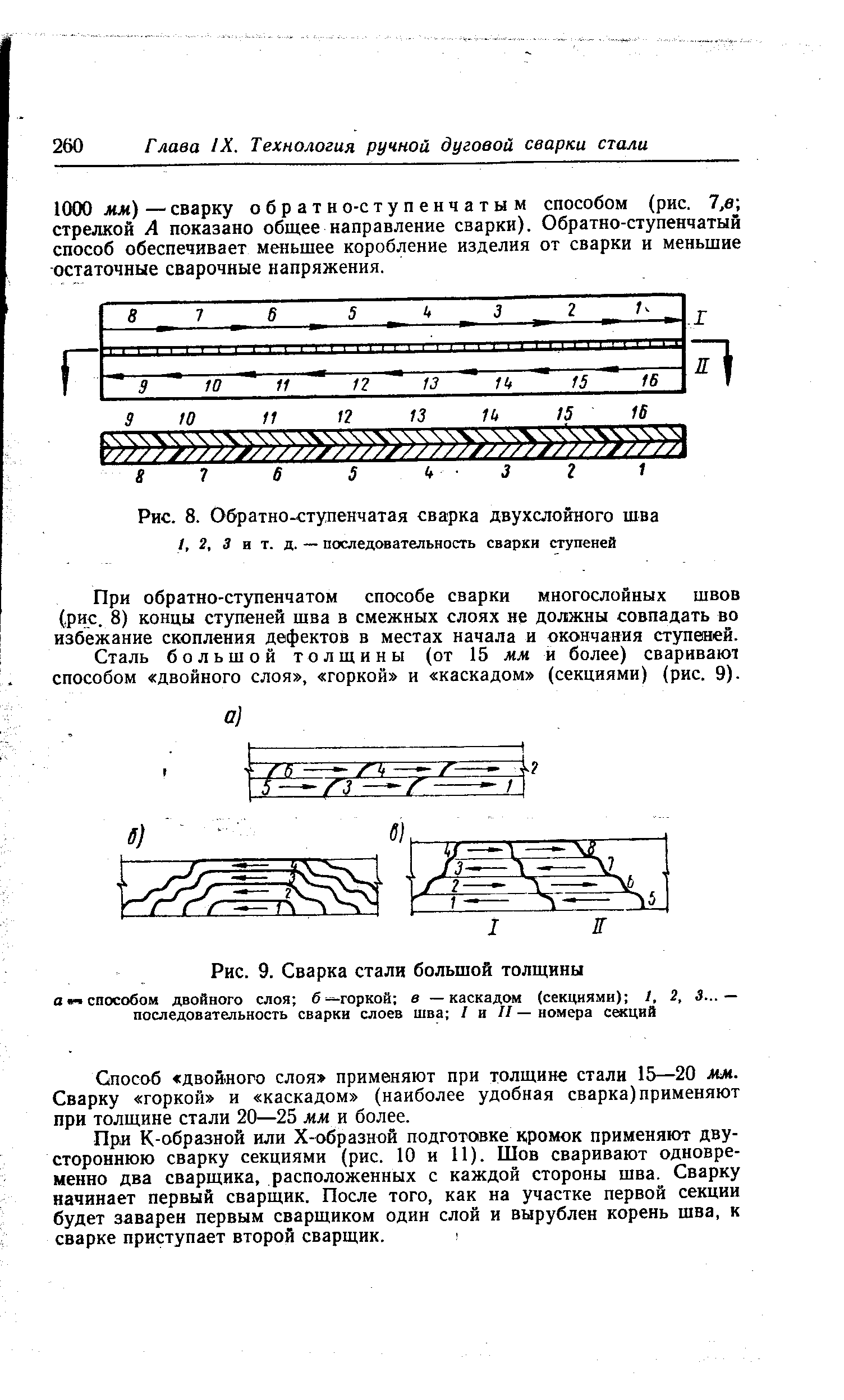 При обратно-ступенчатом способе сварки многослойных швов (рис. 8) концы ступеней шва в смежных слоях не должны совпадать во избежание скопления дефектов в местах начала и окончания ступеней.
