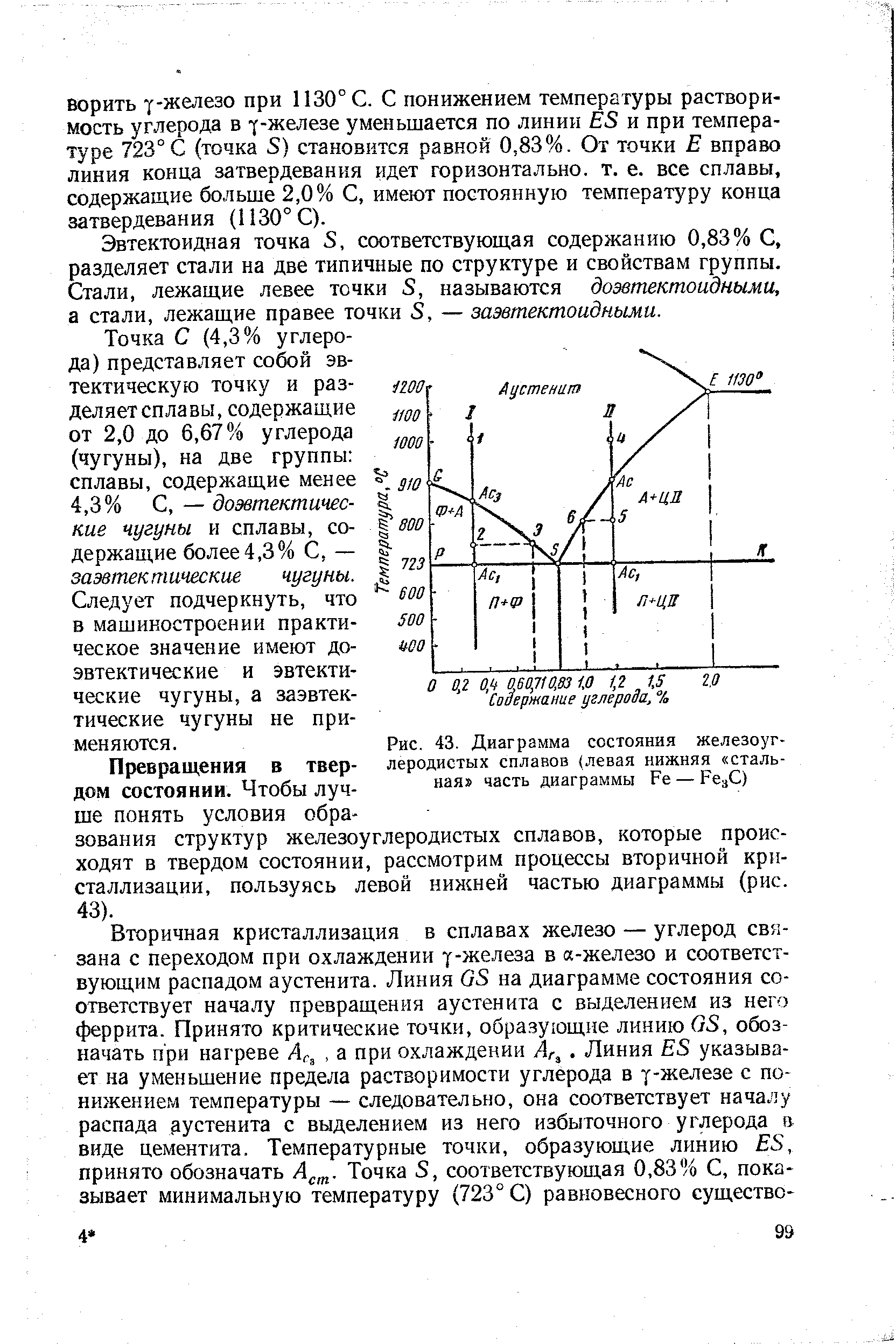 Рис. 43. Диаграмма состояния железоуглеродистых сплавов (левая нижняя стальная часть диаграммы Ре — Ре С)
