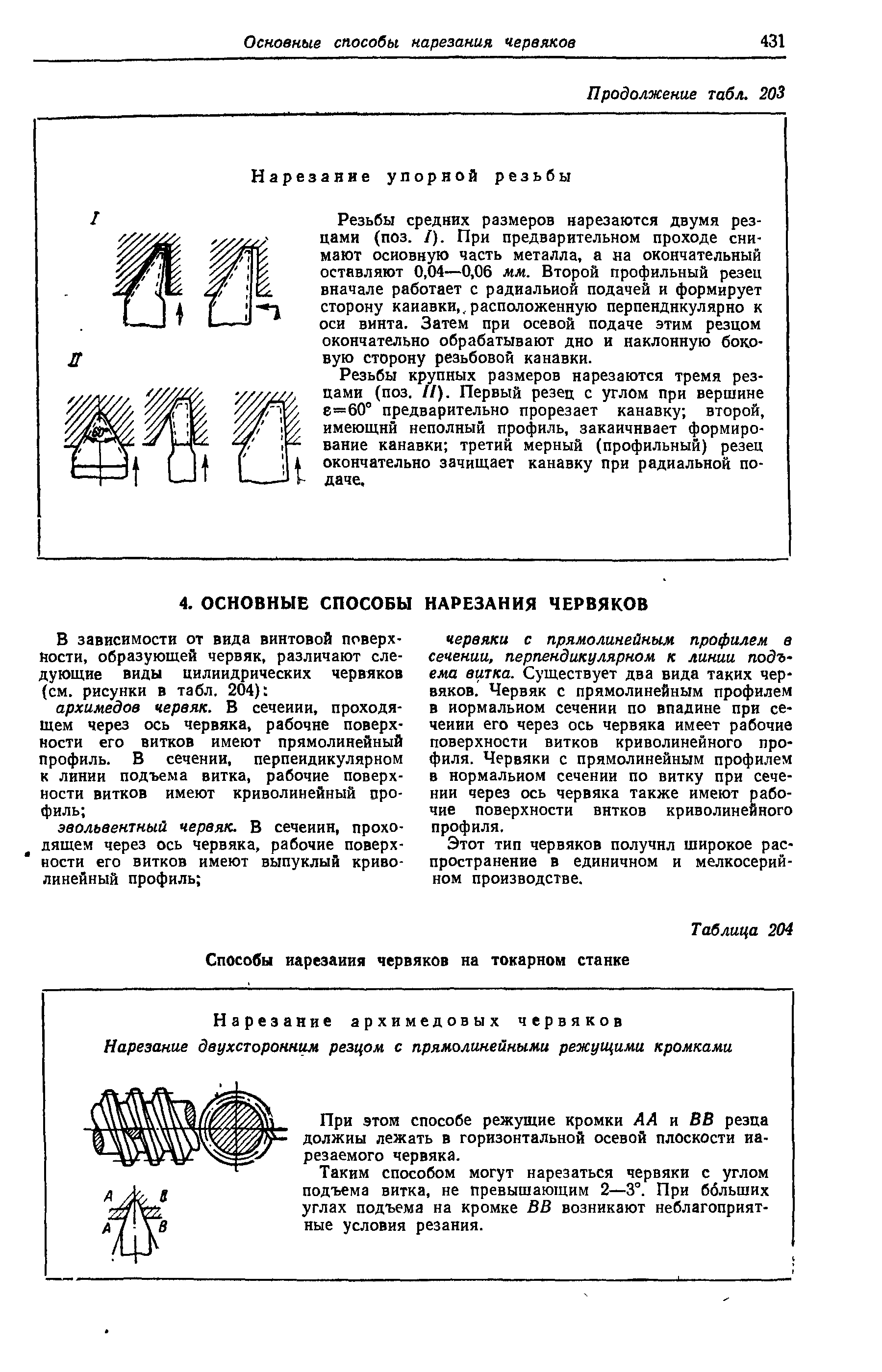 Резьбы средних размеров нарезаются двумя резцами (поз. /). При предварительном проходе снимают основную часть металла, а на окончательный оставляют 0,04—0,06 мм. Второй профильный резец вначале работает с радиальной подачей и формирует сторону канавки,, расположенную перпендикулярно к оси винта. Затем прн осевой подаче этим резцом окончательно обрабатывают дно и наклонную боковую сторону резьбовой канавкн.
