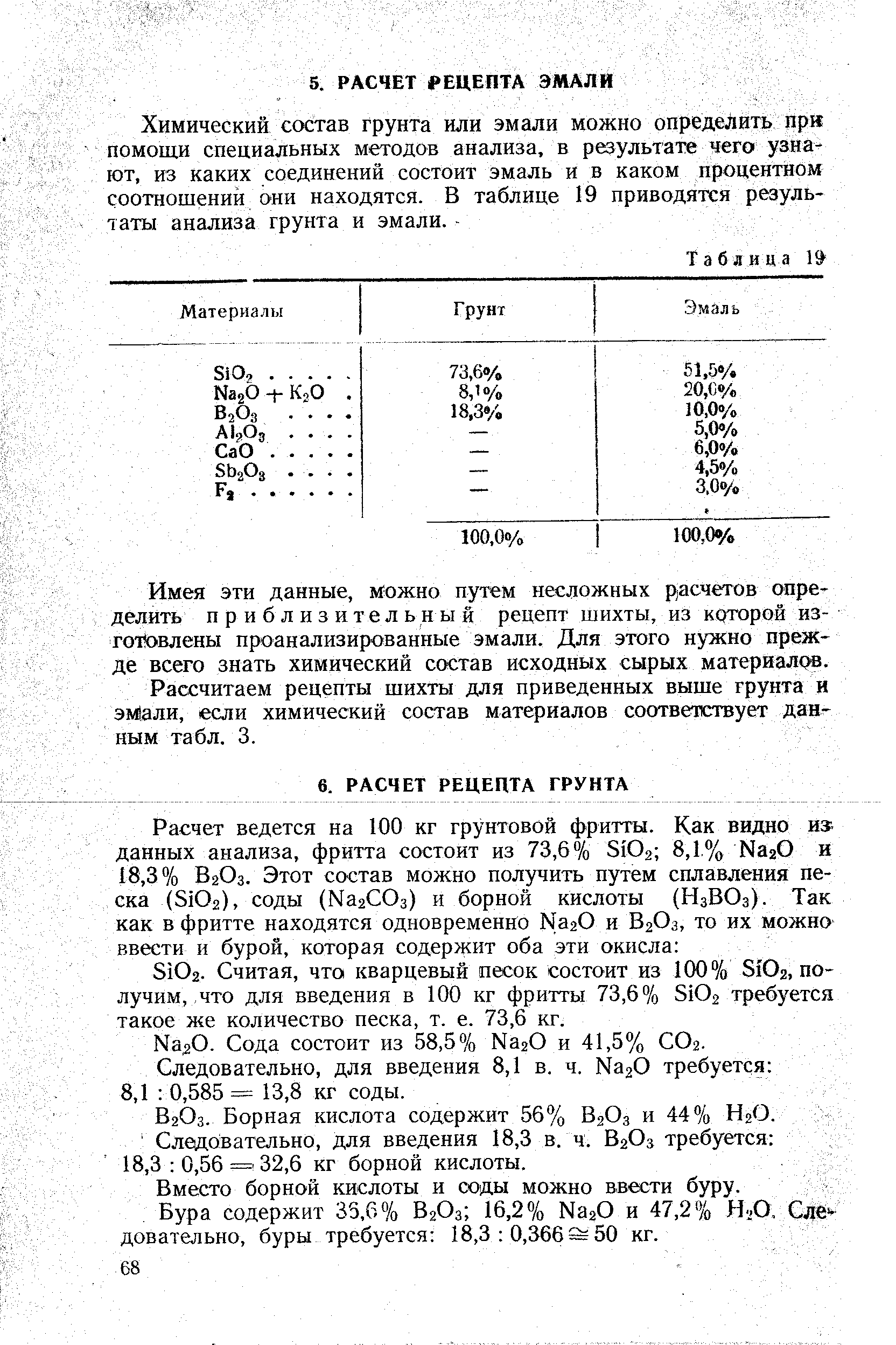 Считая, что кварцевый песок состоит из 100% ЗЮ2, получим, что для введения в 100 кг фритты 73,6% ЗЮ2 требуется такое же количество песка, т. е. 73,6 кг.
