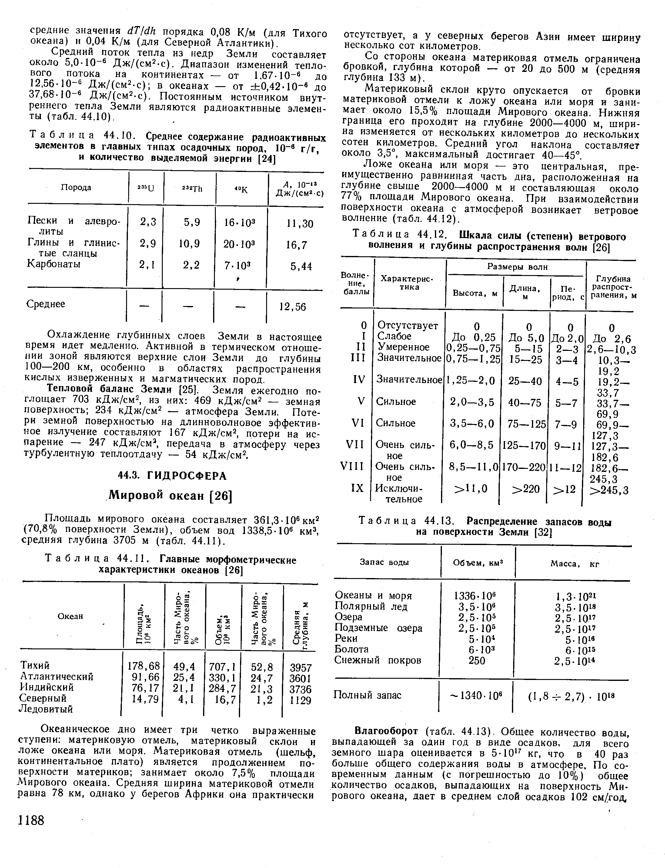 Площадь мирового океана составляет 361,3-10 км (70,8% поверхности Земли), объем вод 1338,5-10 км , средняя глубина 3705 м (табл. 44.11).
