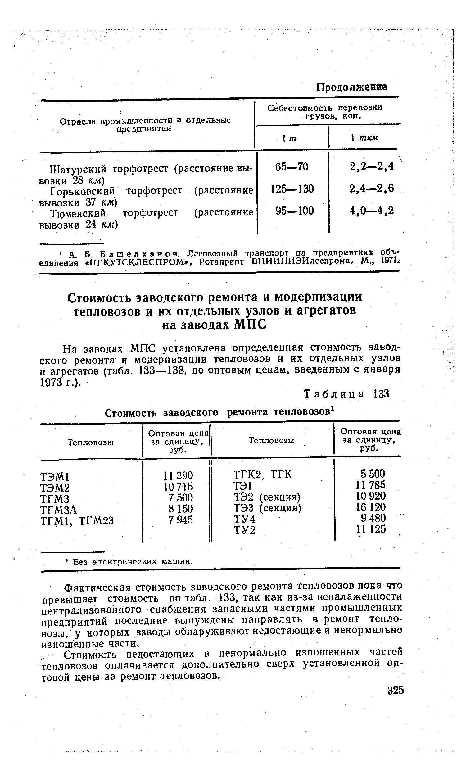 Таблица 133 Стоимость заводского ремонта тепловозов 
