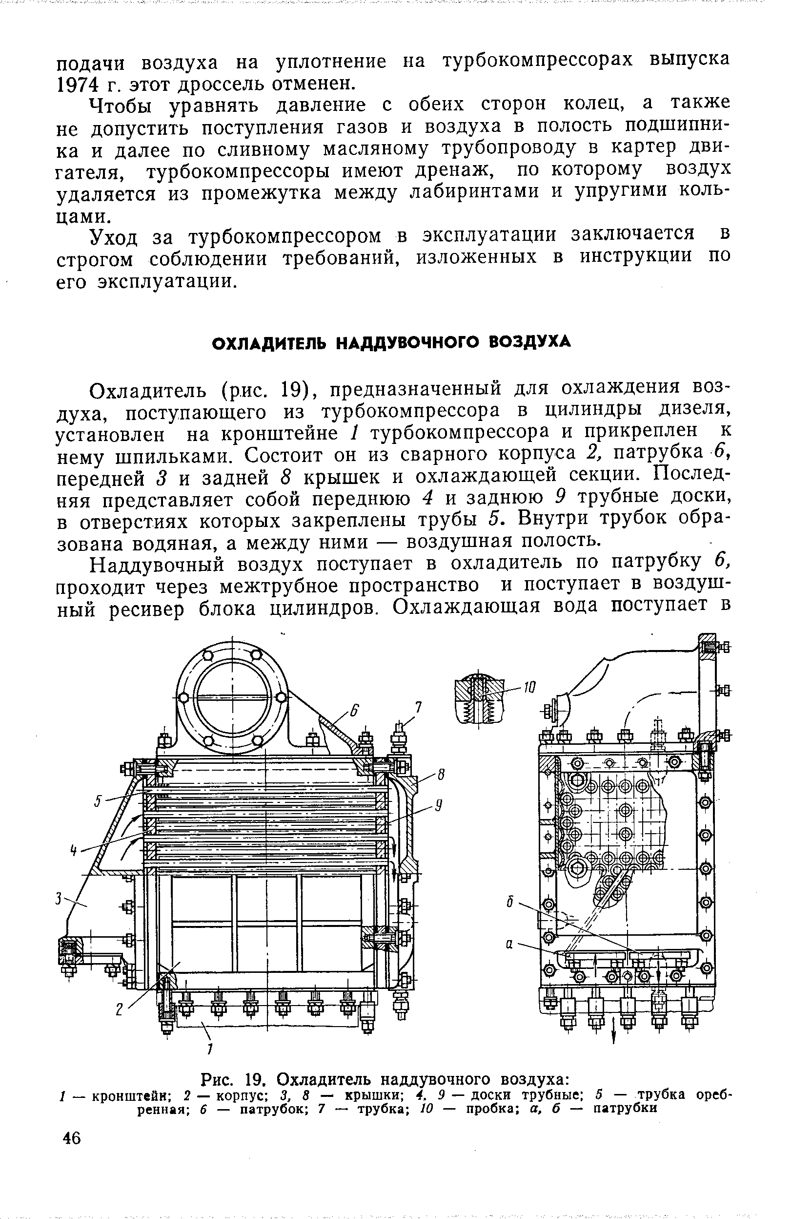 Охладитель (рис. 19), предназначенный для охлаждения воздуха, поступающего из турбокомпрессора в цилиндры дизеля, установлен на кронштейне I турбокомпрессора и прикреплен к нему шпильками. Состоит он из сварного корпуса 2, патрубка 6, передней 3 и задней 8 крышек и охлаждающей секции. Последняя представляет собой переднюю 4 и заднюю 9 трубные доски, в отверстиях которых закреплены трубы 5. Внутри трубок образована водяная, а между ними — воздушная полость.
