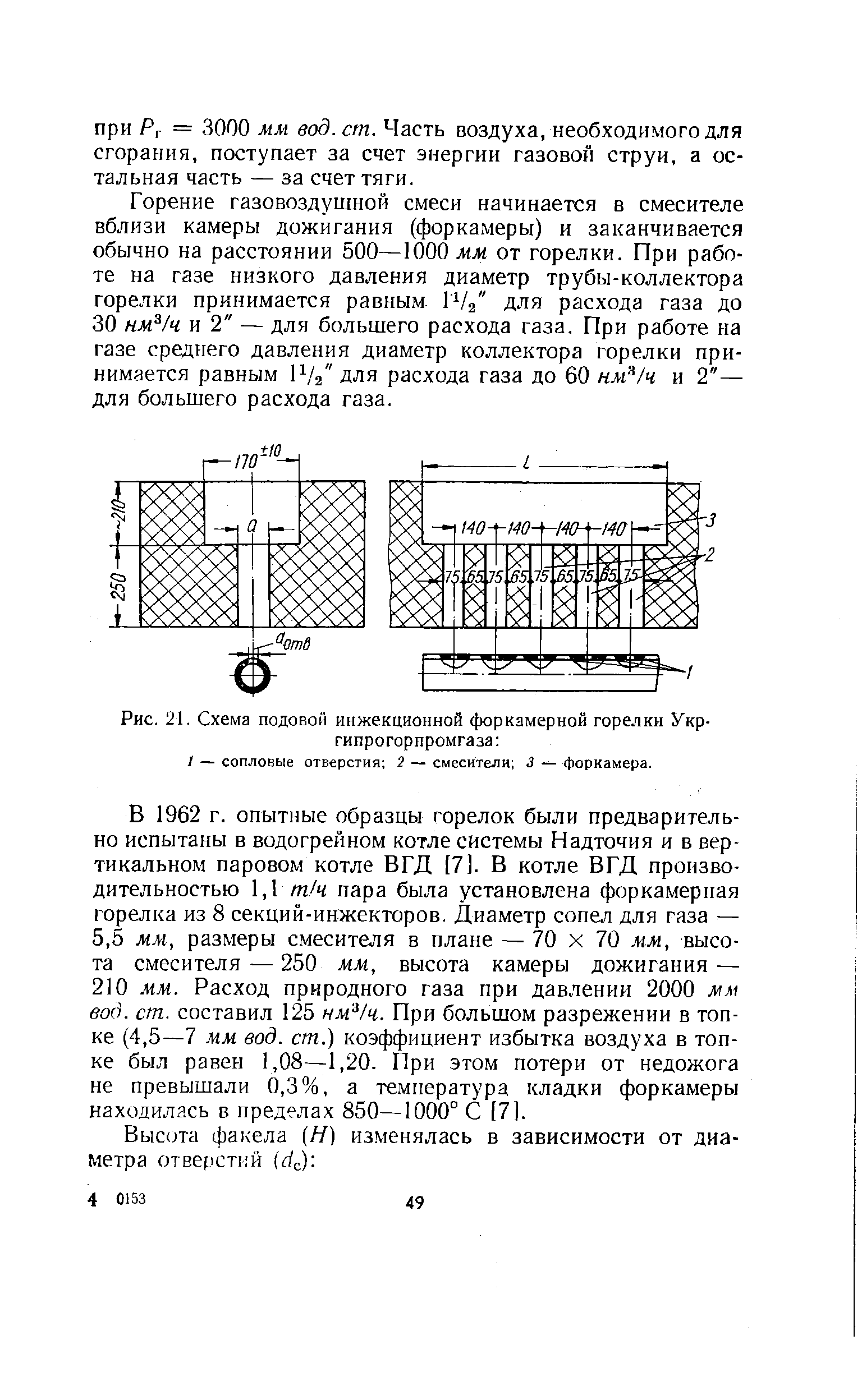 Рис. 21. Схема подовой инжекционной форкамерной горелки Укр-гипрогорпромгаза 
