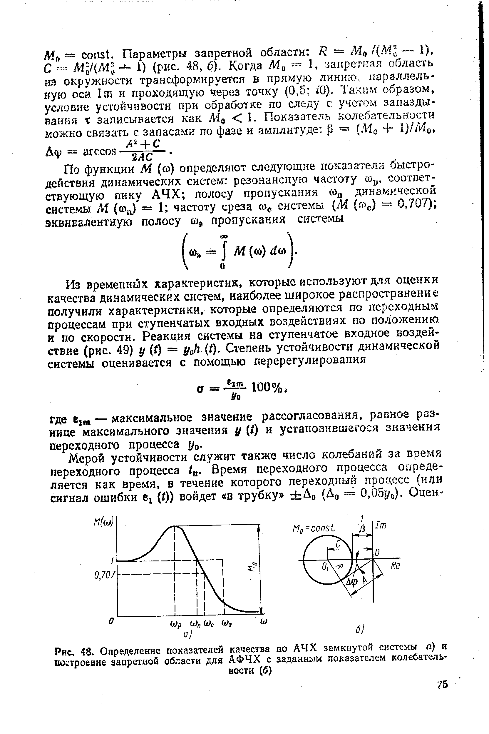 Рис. 48. <a href="/info/190954">Определение показателей</a> качества по АЧХ <a href="/info/3874">замкнутой системы</a> а) и построение запретной области для АФЧХ с заданным показателем колебательности (б)
