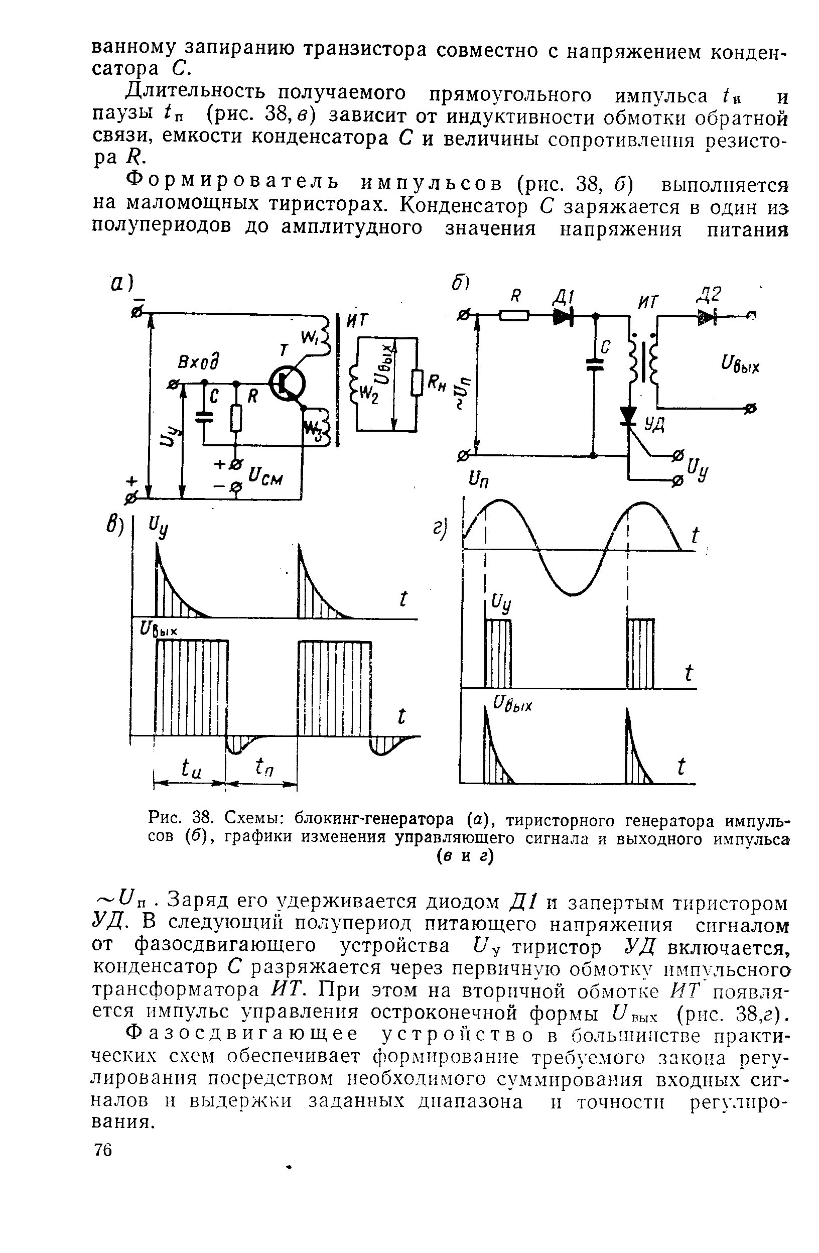 Рис. 38. Схемы блокинг-генератора (а), тиристорного генератора импульсов (б), графики изменения управляющего сигнала и выходного импульса
