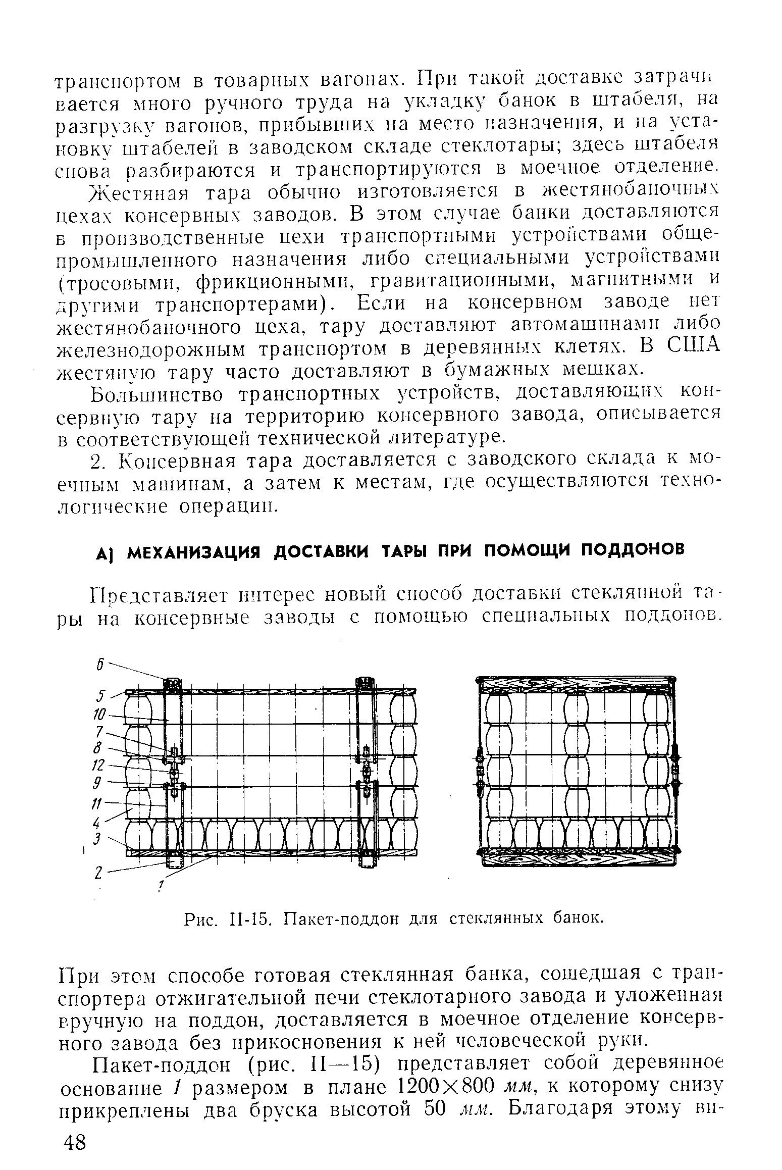 Представляет интерес новый способ доставки стеклянной тары на консервные заводы с помощью специальных поддонов.
