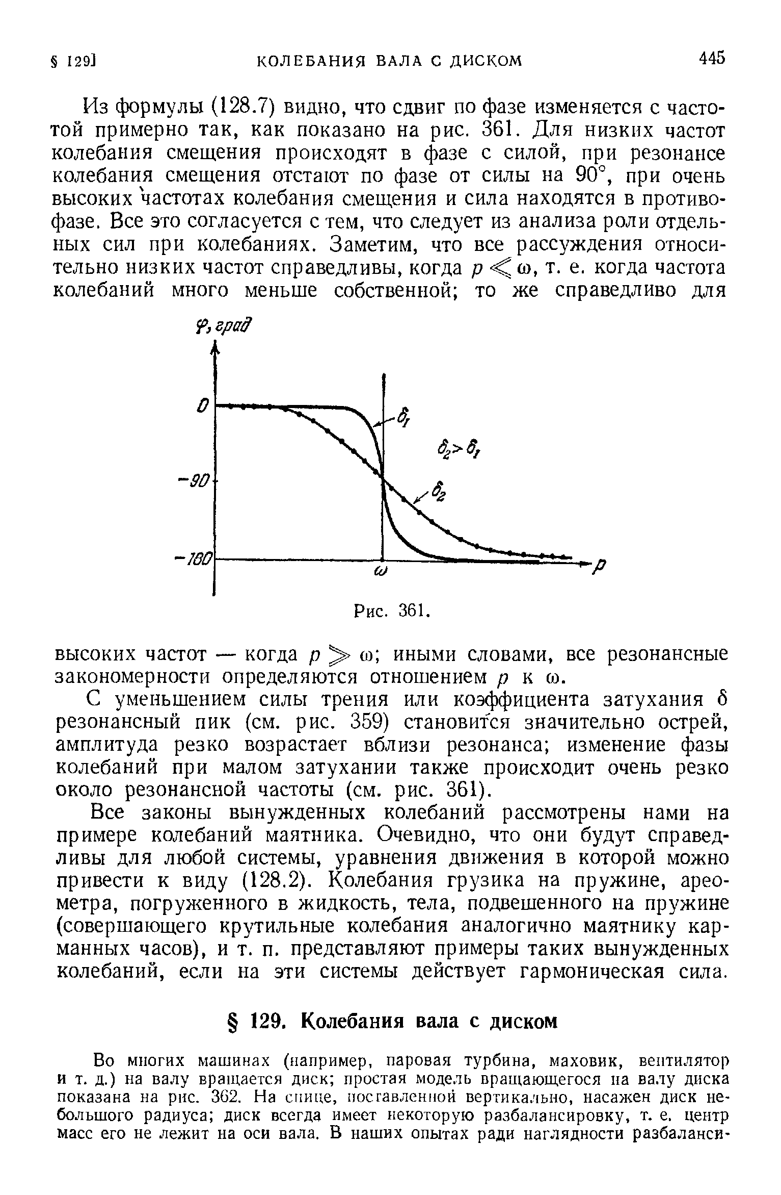 С уменьшением силы трения или коэффициента затухания б резонансный пик (см. рис. 359) становится значительно острей, амплитуда резко возрастает вблизи резонанса изменение фазы колебаний при малом затухании также происходит очень резко около резонансной частоты (см. рис. 361).
