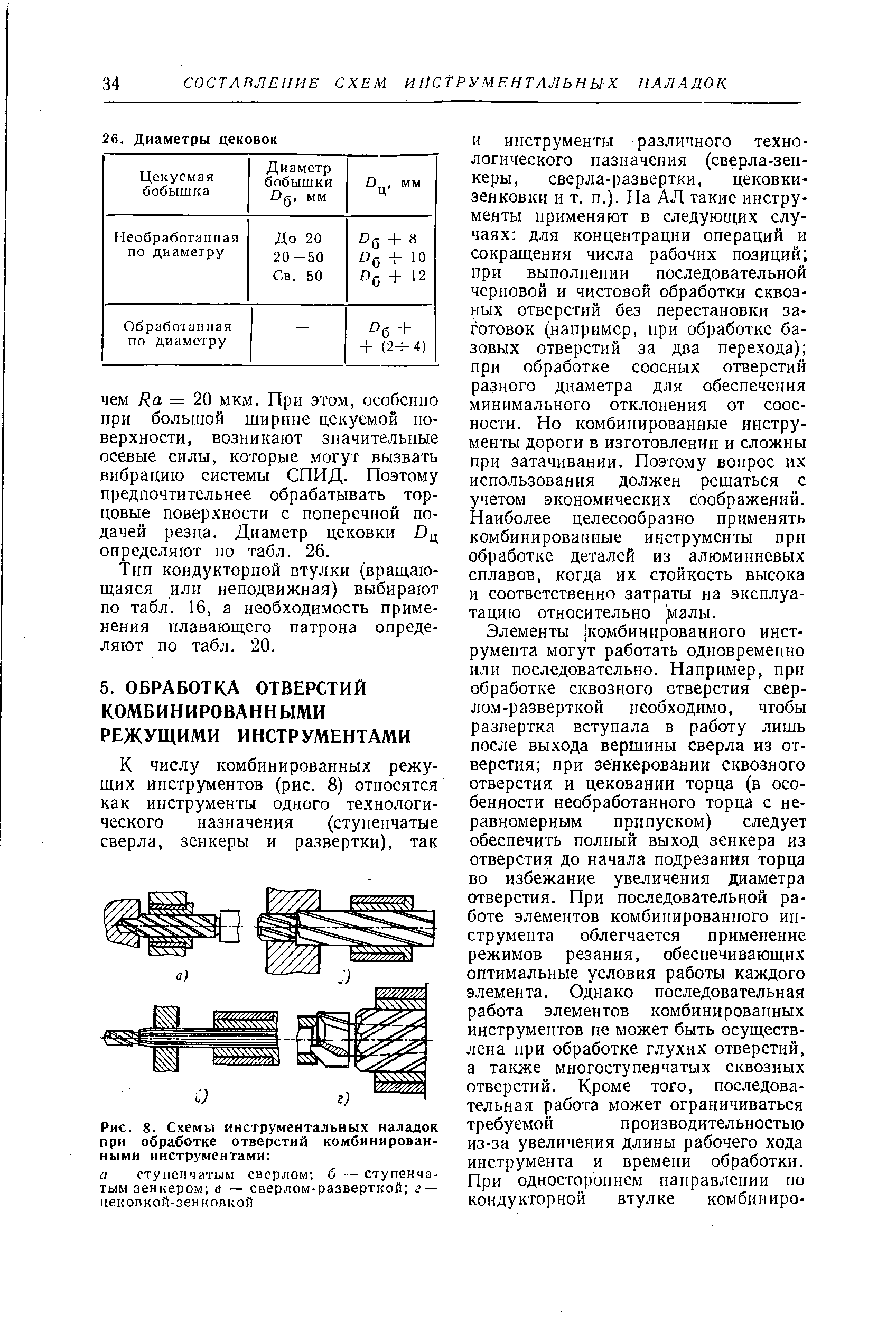 И инструменты различного техно-логического назначения (сверла-зенкеры, сверла-развертки, дековки-зенковки и т. п.). На АЛ такие инструменты применяют в следующих случаях для концентрации операций и сокращения числа рабочих позиций при выполнении последовательной черновой и чистовой обработки сквозных отверстий без перестановки заготовок (например, при обработке базовых отверстий за два перехода) при обработке соосных отверстий разного диаметра для обеспечения минимального отклонения от соосности. Но комбинированные инструменты дороги Б изготовлении и сложны при затачивании. Поэтому вопрос их использования должен решаться с учетом экономических соображений. Наиболее целесообразно применять комбинированные инструменты при обработке деталей из алюминиевых сплавов, когда их стойкость высока и соответственно затраты на эксплуатацию относительно [малы.
