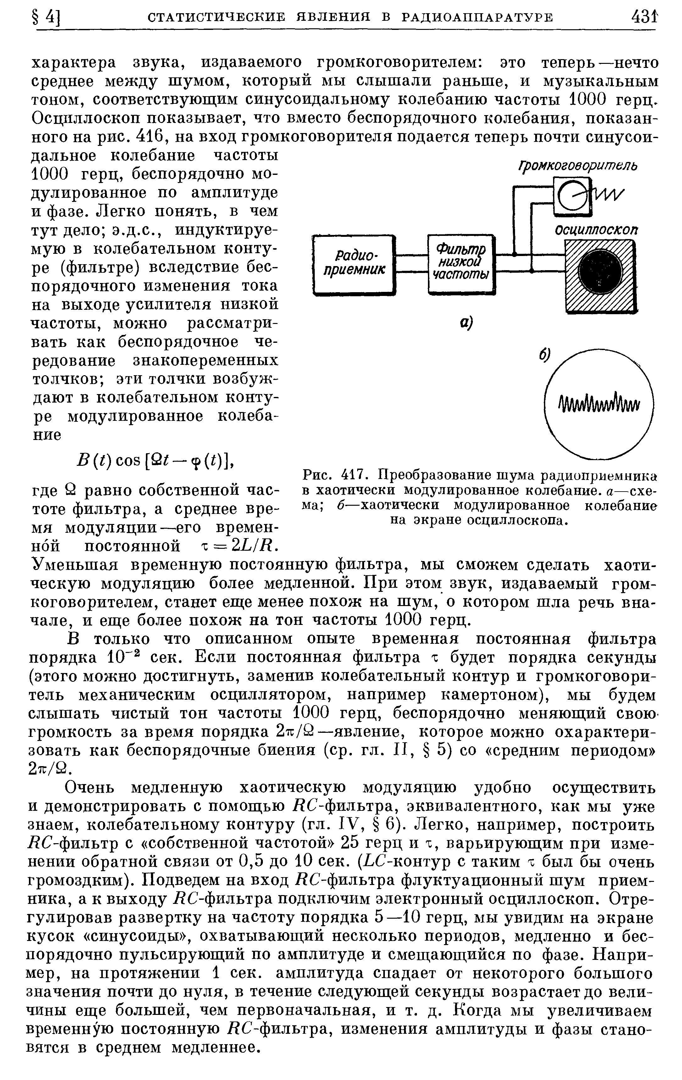 Рис. 417. Преобразование шума радиоприемника в хаотически модулированное колебание, а—схема б—хаотически модулированное колебание на экране осциллоскопа.
