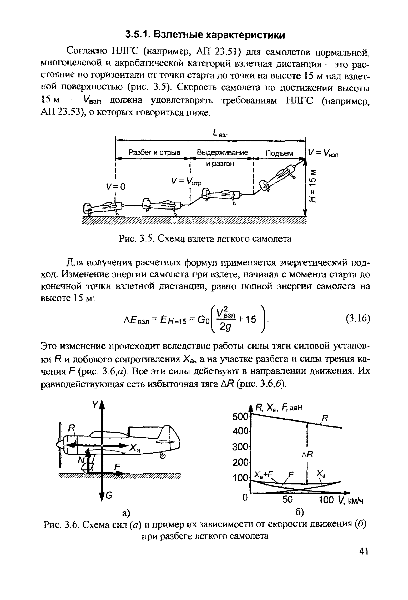 Рис. 3.6. Схема сил (а) и пример их зависимости от <a href="/info/10682">скорости движения</a> (б) при разбеге легкого самолета
