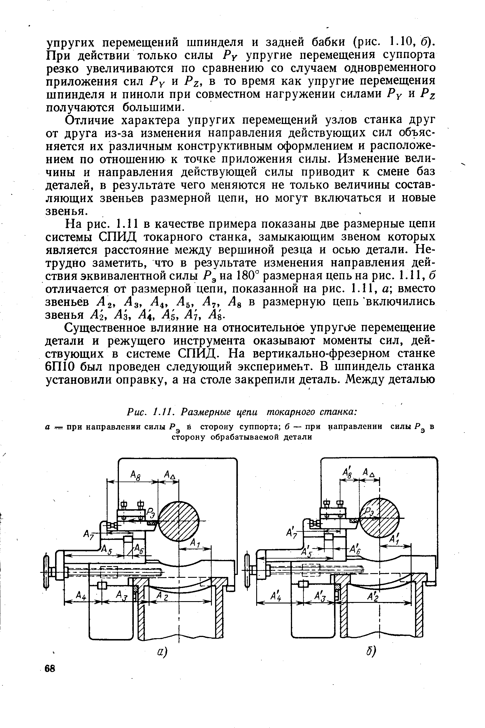 Рис. 1.11. Размерные цепи токарного станка а при <a href="/info/7914">направлении силы</a> в сторону суппорта б — при <a href="/info/7914">направлении силы</a> в сторону обрабатываемой детали
