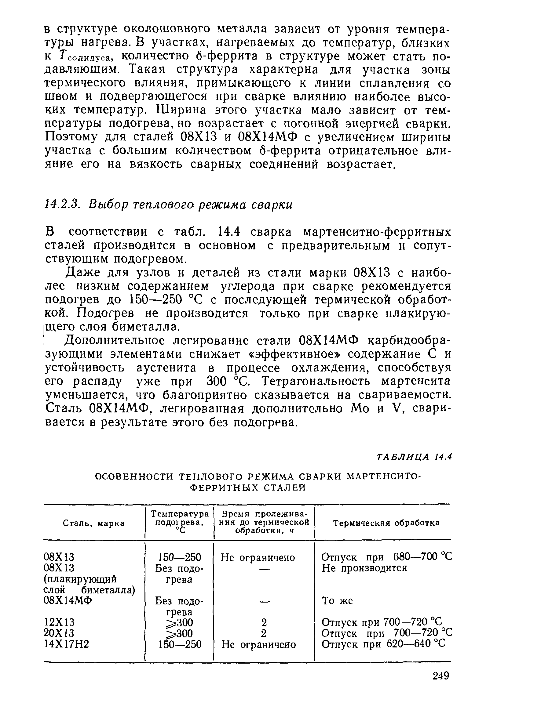 В соответствии с табл. 14.4 сварка мартенситио-ферритных сталей производится в основном с предварительным и сопутствующим подогревом.
