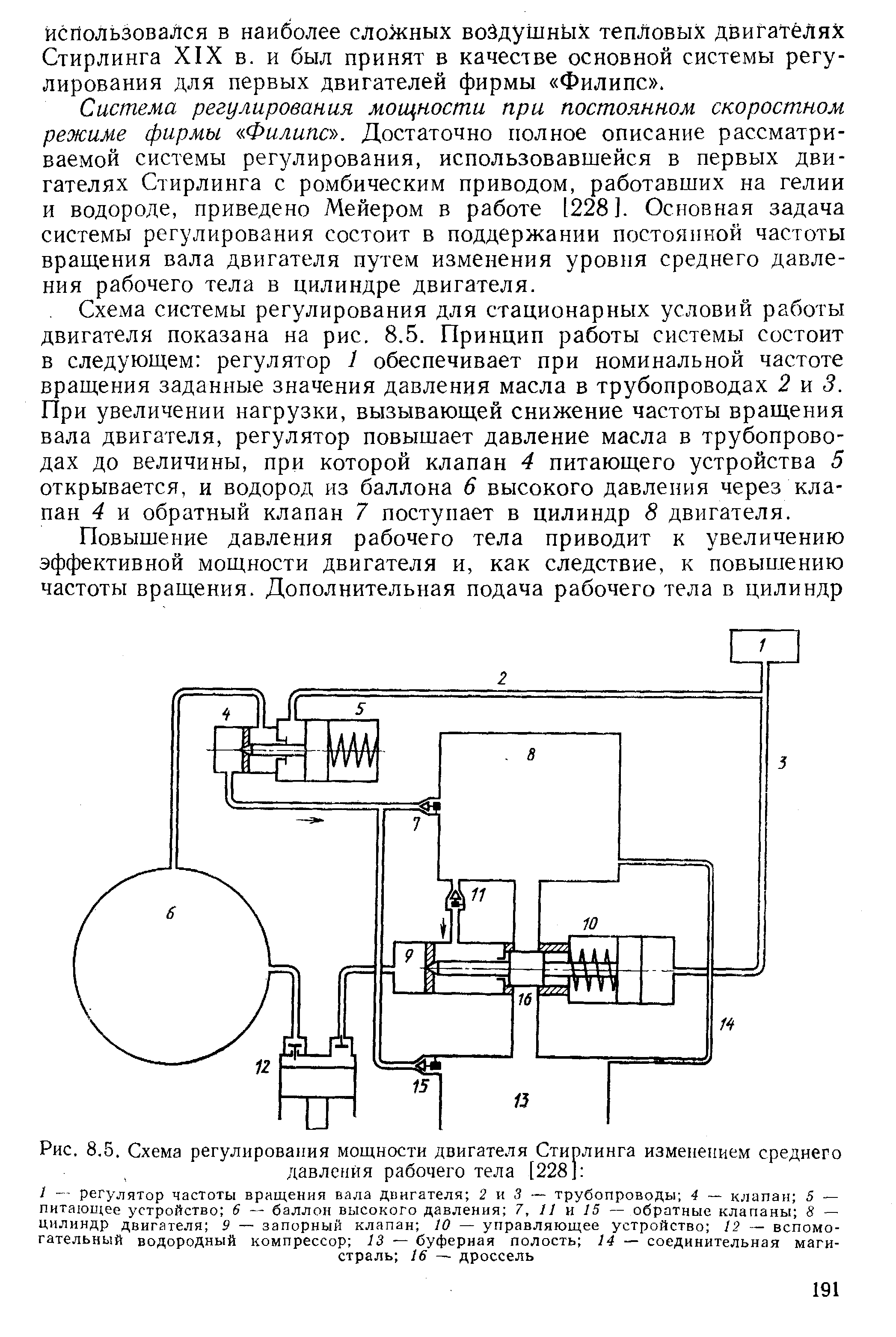 Система регулирования мощности при постоянном скоростном режиме фирмы Филипс . Достаточно полное описание рассматриваемой системы регулирования, использовавшейся в первых двигателях Стирлинга с ромбическим приводом, работавших на гелии и водороде, приведено Мейером в работе [228]. Основная задача системы регулирования состоит в поддержании постоянной частоты вращения вала двигателя путем изменения уровня среднего давления рабочего тела в цилиндре двигателя.
