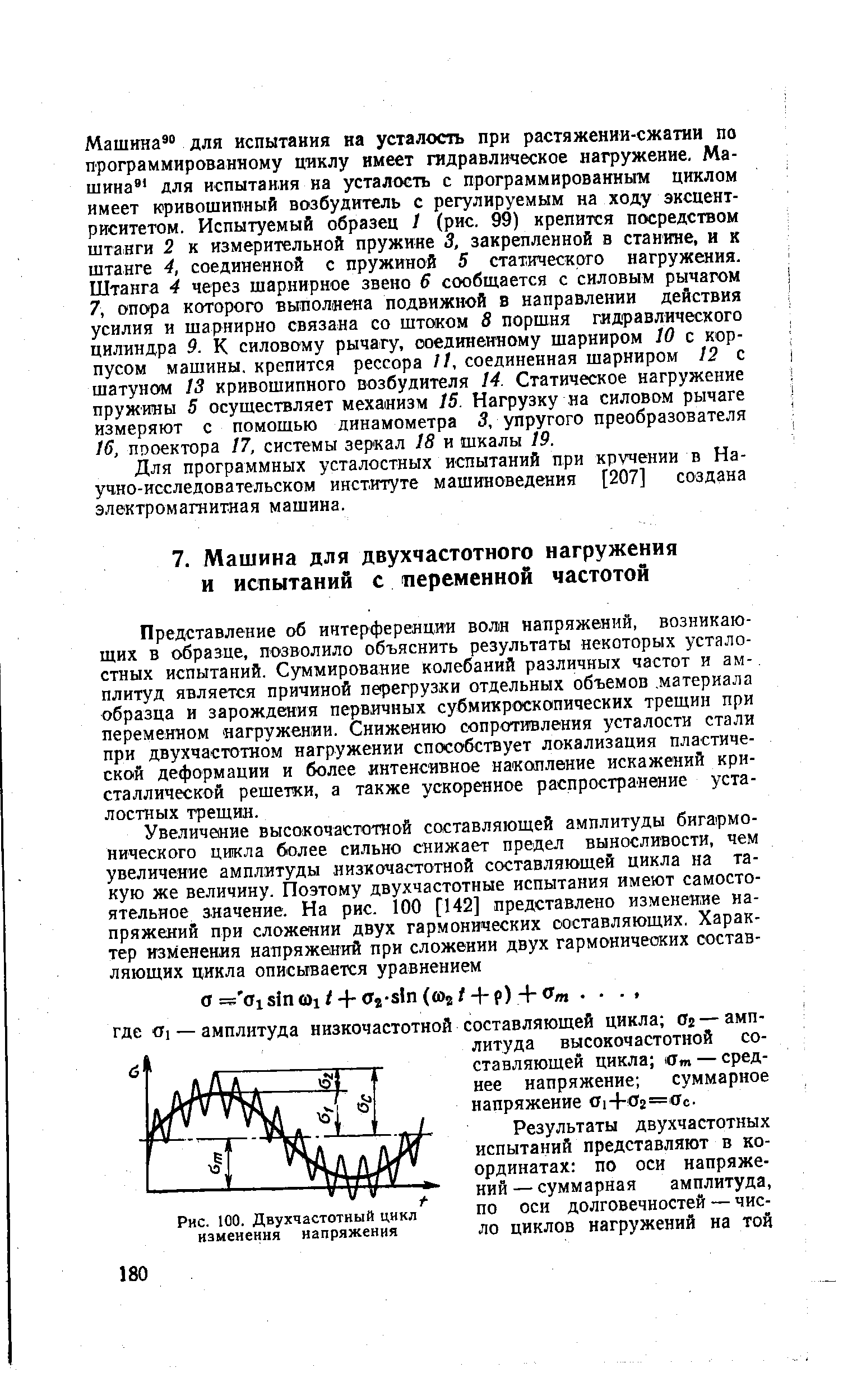 Представление об интерференция вош напряжений, возникающих в образце, позволило объяснить результаты некоторых усталостных испытаний. Суммирование колебаний различных частот и амплитуд является причиной перегрузки отдельных объемов. материала образца и зарождения первичных субмикроскопических трещин при переменном агружении. Снижению сопротивления усталости стали при двухчастотном нагружении способствует локализация пластической деформации и более интенсивное накопление искажений кристаллической решетки, а также ускоренное распространение усталостных трещин.
