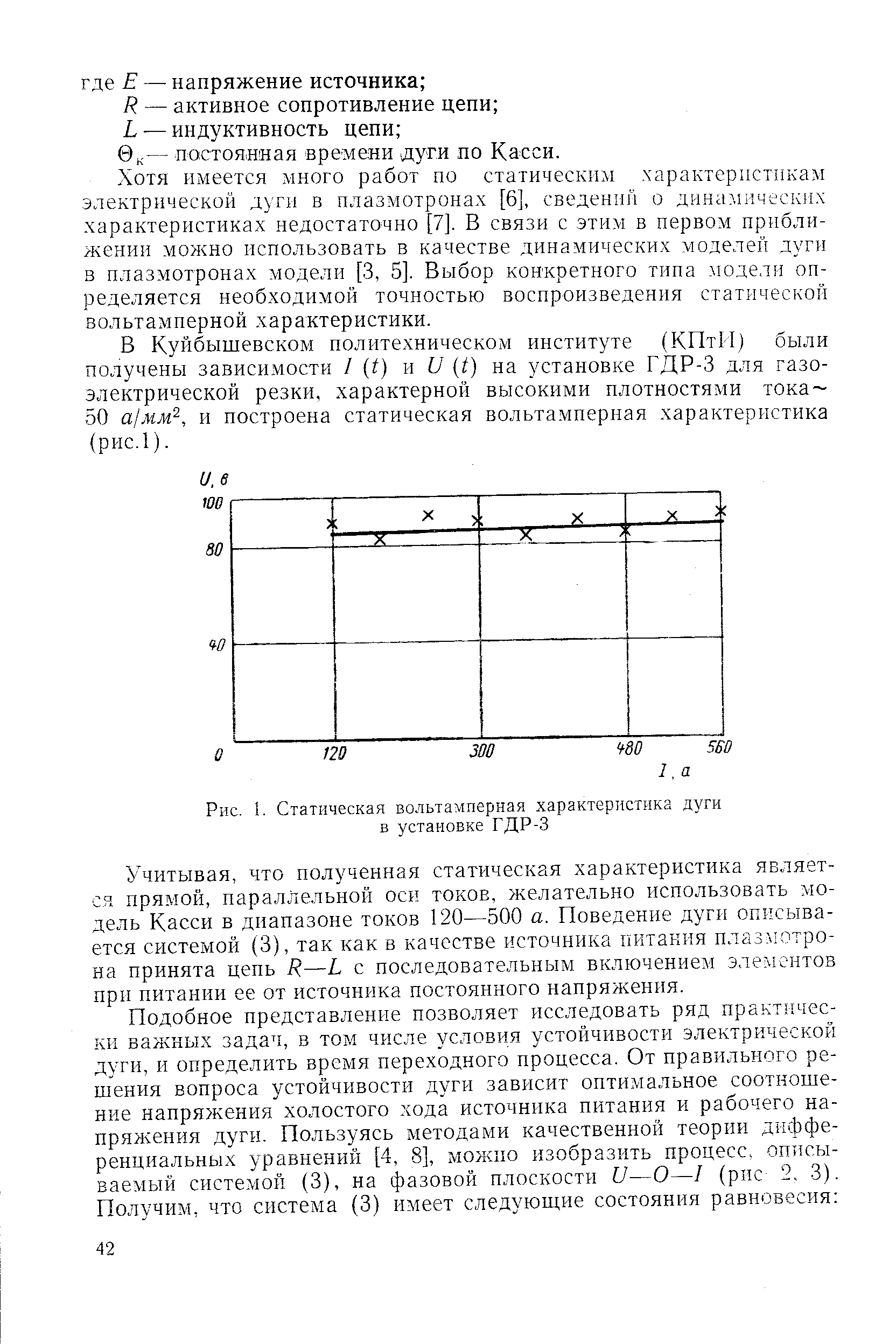 Рис. 1. Статическая вольтамперная характеристика дуги в установке ГДР-3
