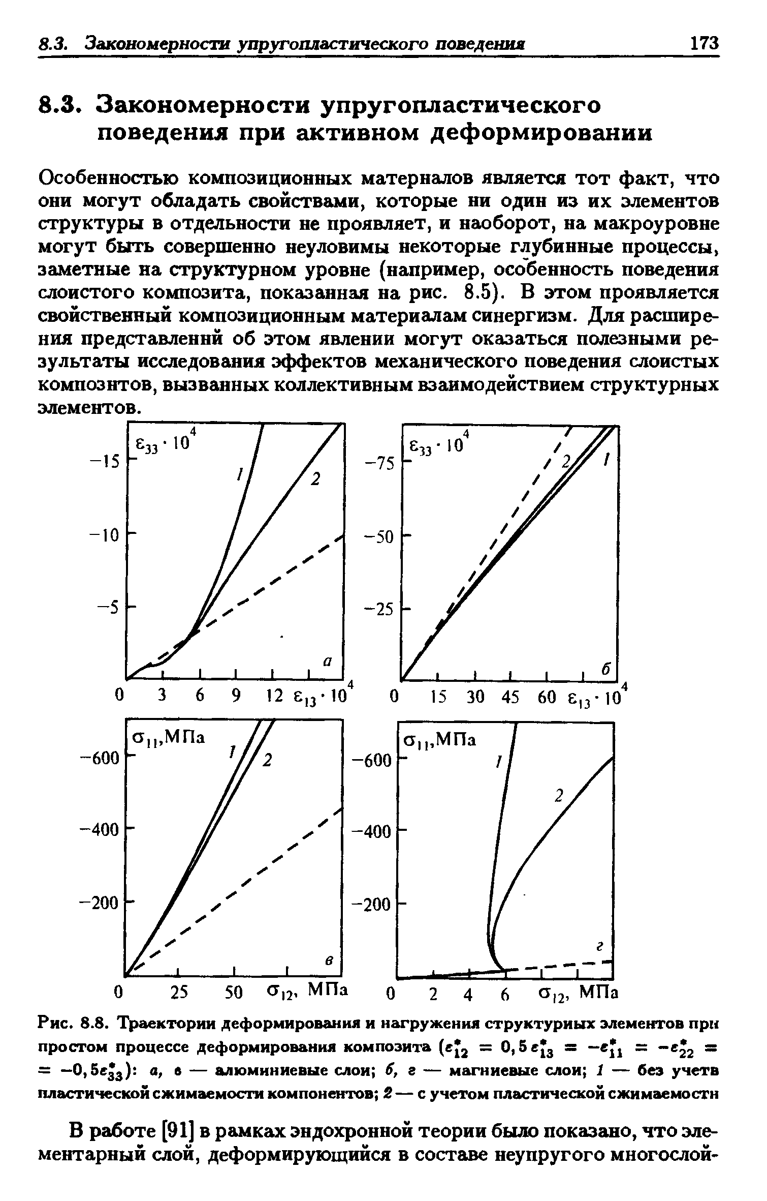 Особенностью композиционных материалов является тот факт, что они могут обладать свойствами, которые ни один из их элементов структуры в отдельности не проявляет, и наоборот, на макроуровне могут быть совершенно неуловимы некоторые глубинные процессы, заметные на структурном уровне (например, особенность поведения слоистого композита, показанная на рис. 8.5). В этом проявляется свойственный композиционным материалам синергизм. Для расширения представлений об этом явлении могут оказаться полезными результаты исследования эффектов механического поведения слоистых композитов, вызванных коллективным взаимодействием структурных элементов.
