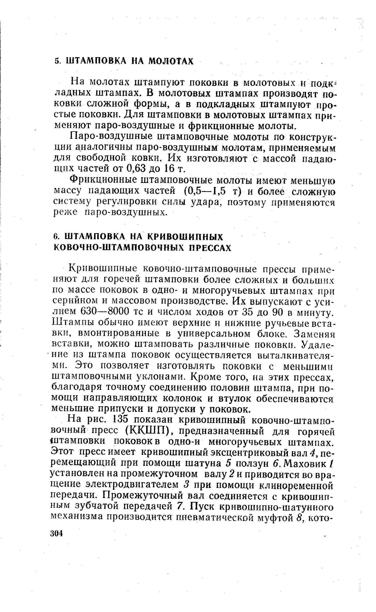 На молотах штампуют поковки в молотовых и подк--ладных штампах. В молотовых штампах производят поковки сложной формы, а в подкладных штампуют простые поковки. Для штамповки в молотовых штампах применяют паро-воздушные и фрикционные молоты.
